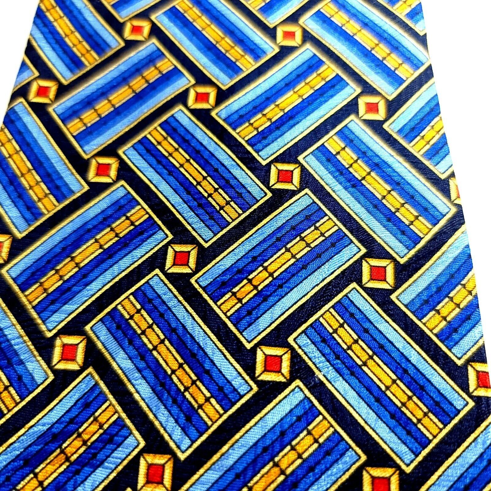 Designer Tino Cojuna Blue Geometric Jacquard Print Wide Silk Tie Size ONE SIZE - 2 Thumbnail