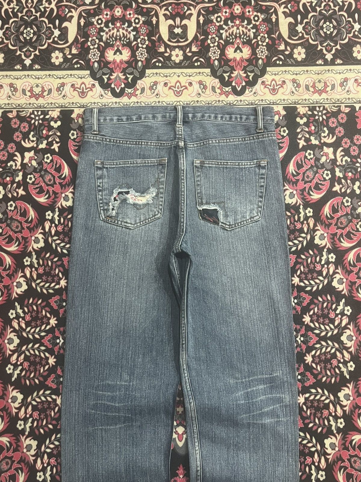 Japanese Brand Vintage Nylaus Floral Boho Patchwork Distressed Whisker Jean Size US 32 / EU 48 - 5 Thumbnail