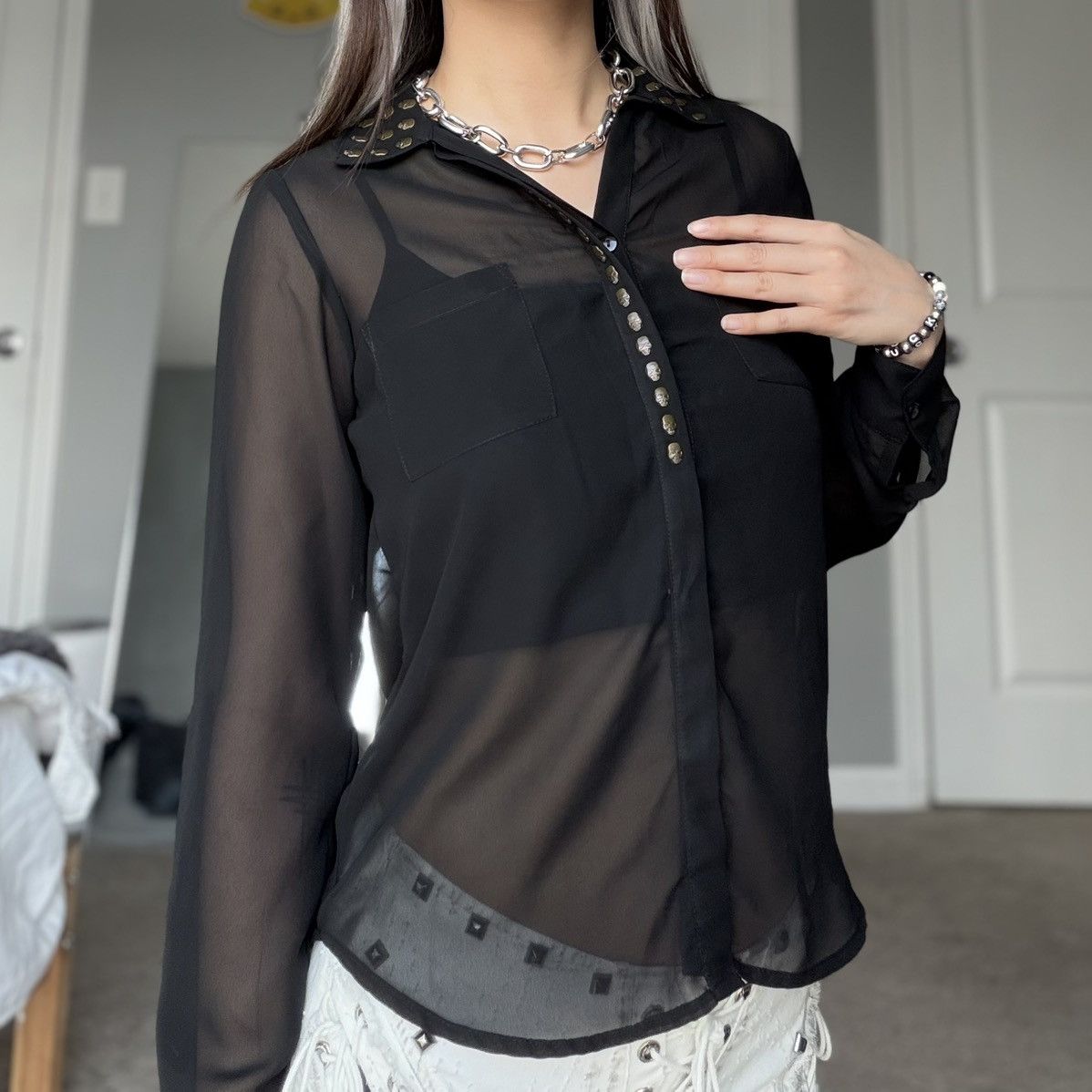 Other Fun & Flirt Sheer Black Skull Studded Button-Up Blouse Size S / US 4 / IT 40 - 7 Thumbnail