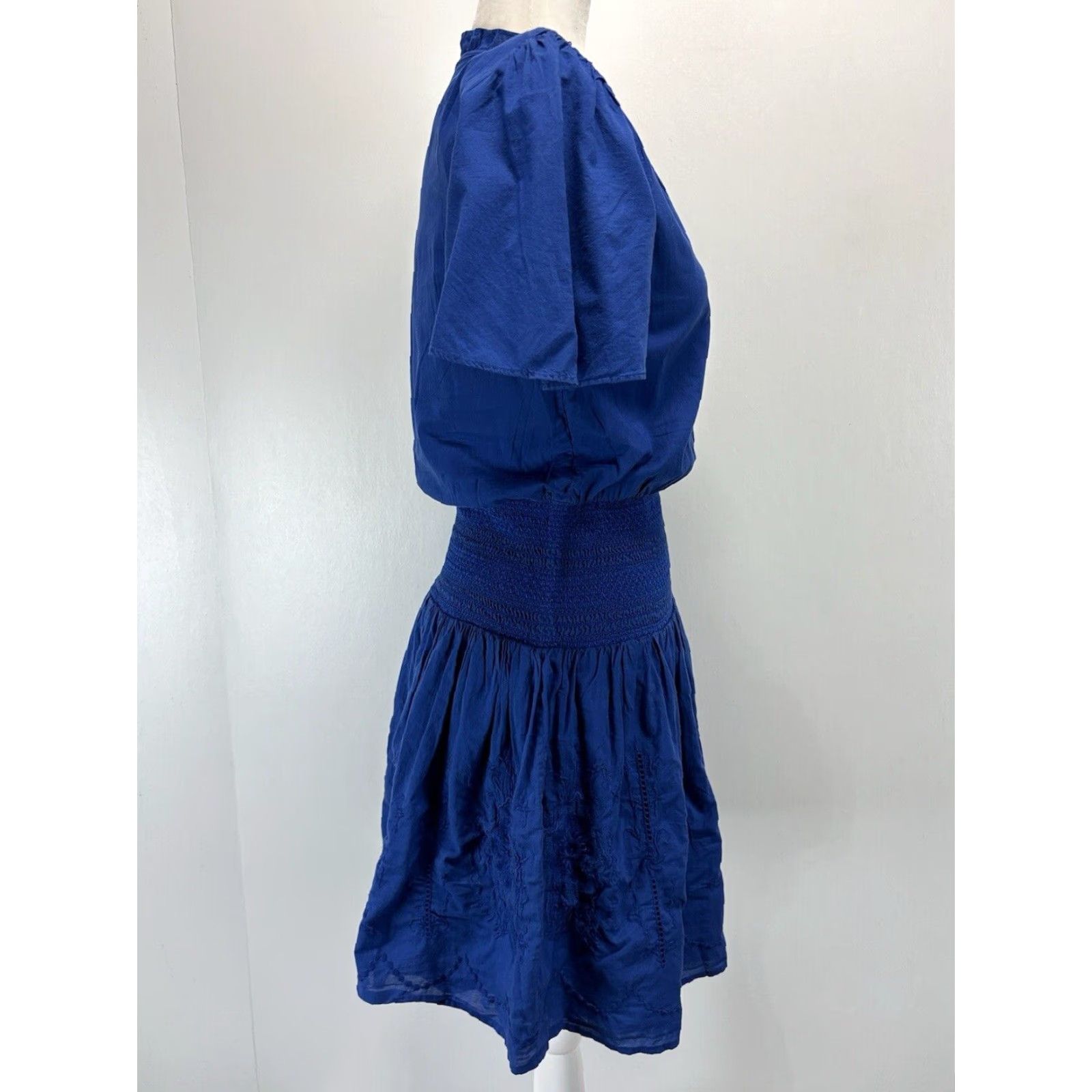 Ralph Lauren NEW Lauren Ralph Lauren Blouson Dress 00 Blue Short Sleeve Smocked Waist Womens Size 24" / US 00 / IT 34 - 4 Thumbnail