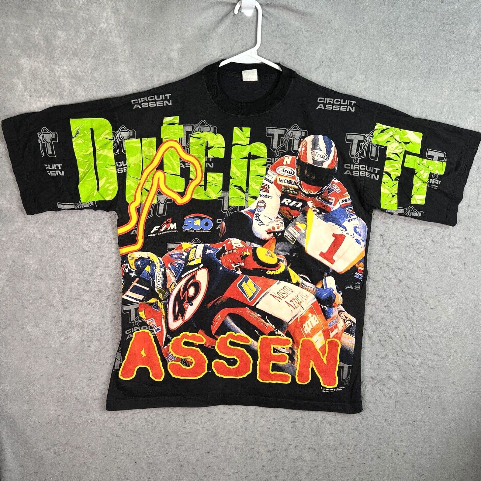 image of Gloverall Vintage Dutch Tt Assen Motorcycle Racing All Over Print T Shirt Adult XL Black in White