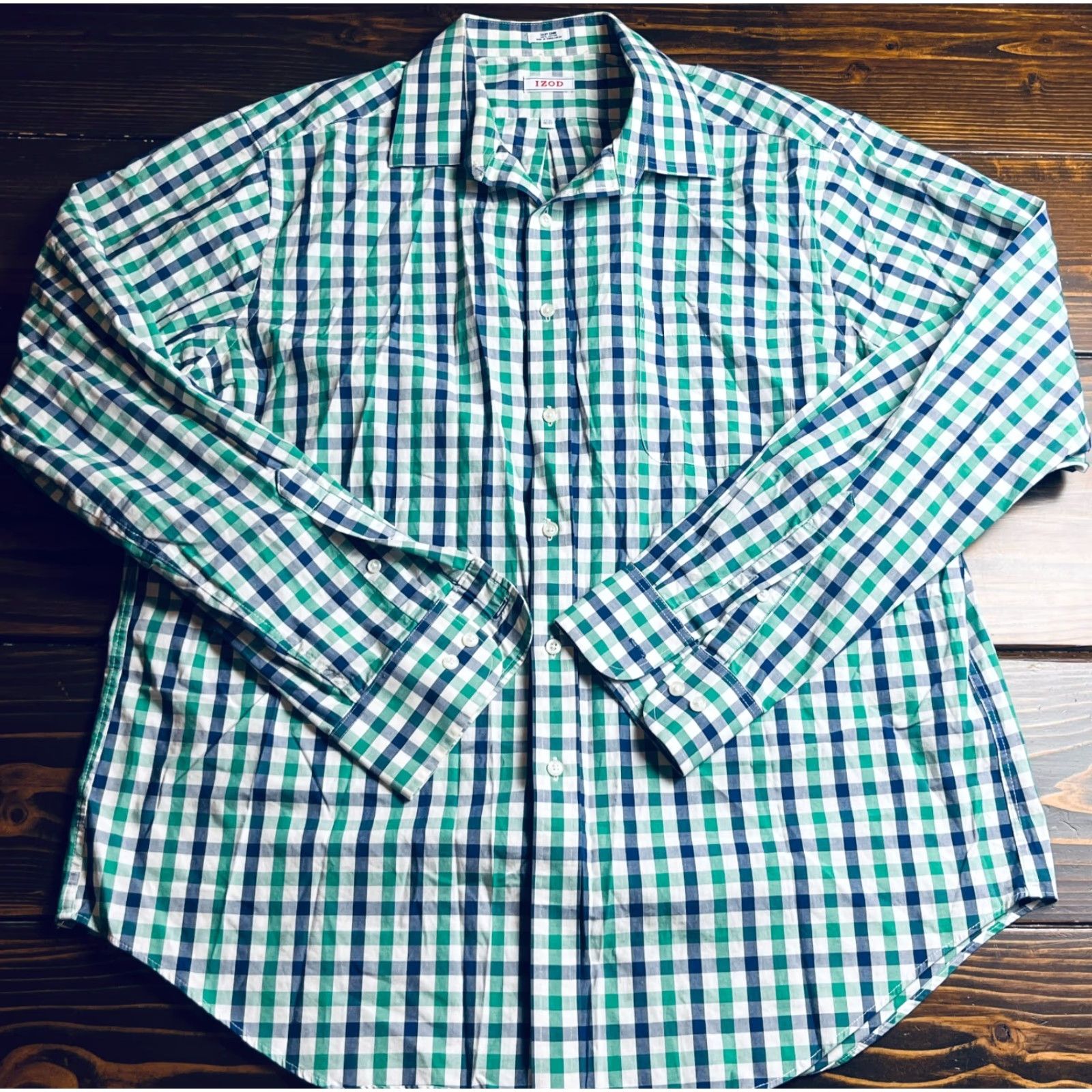 Izod IZOD Shirt Mens 17.5 36/37 Green Blue White Checkered Easy Care Dress Shirt Size 48R - 2 Thumbnail
