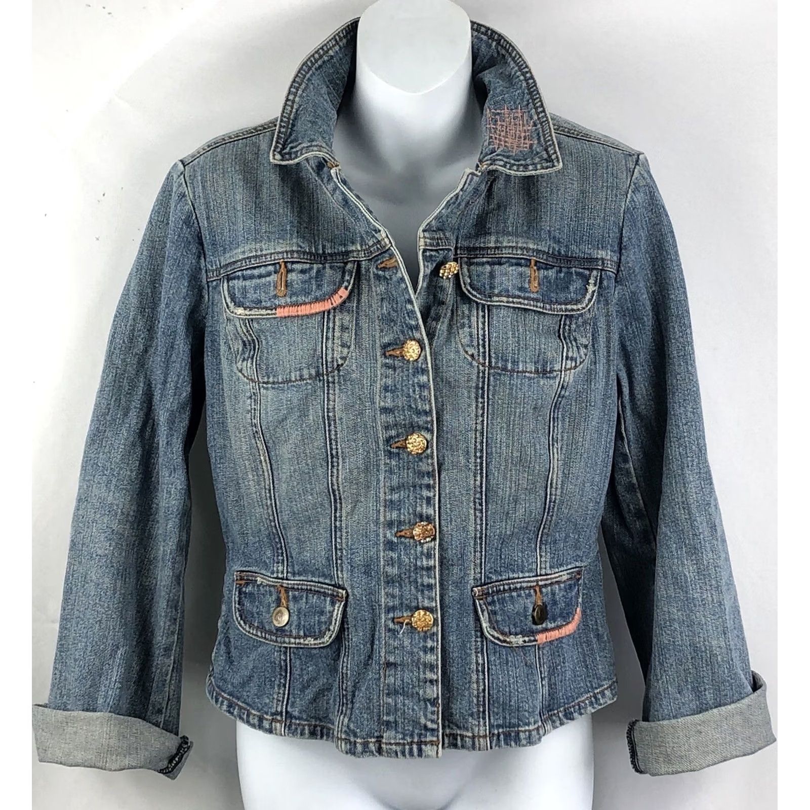Denime Vintage Denim Jacket M Blue Jean Peach Bead Satin Patchwork Tapestry boho Hippie Size 32" / US 10 / IT 46 - 7 Thumbnail