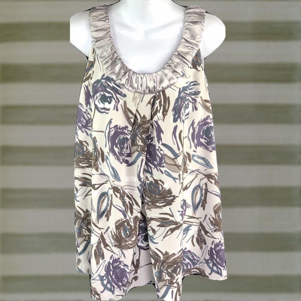Vintage Vera Wang Sleeveless Top Blouse 12 Gray Floral Satin Ruched Cottage Boho Women Size XL / US 12-14 / IT 48-50 - 1 Thumbnail