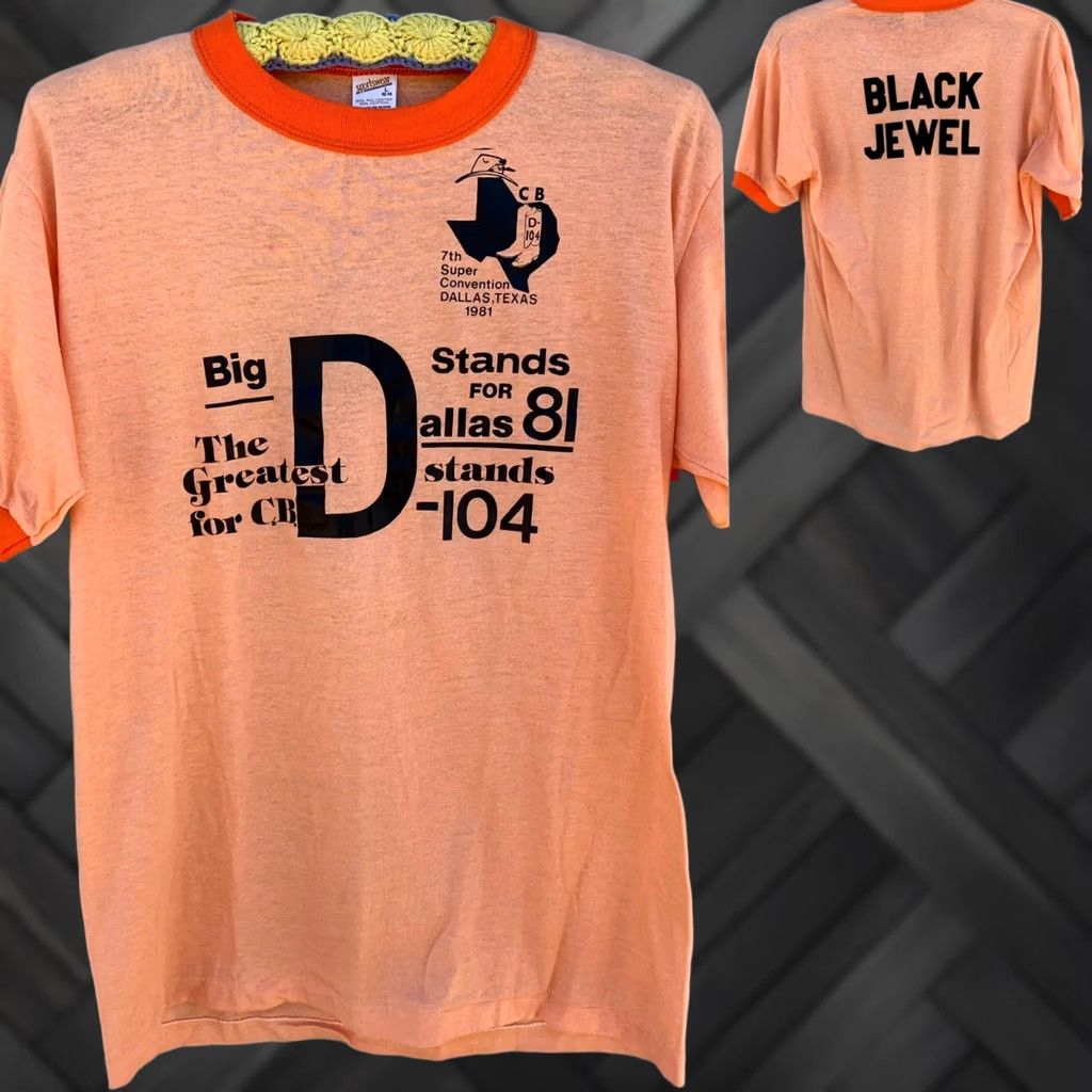 Vintage VINTAGE CB radio T-Shirt Big D Super Convention Dallas Texas 1981 Ringer Tee L Orange Men's Shirt 1980s 80s Cowboys Boys Girls Mens Womens Size US L / EU 52-54 / 3 - 1 Thumbnail