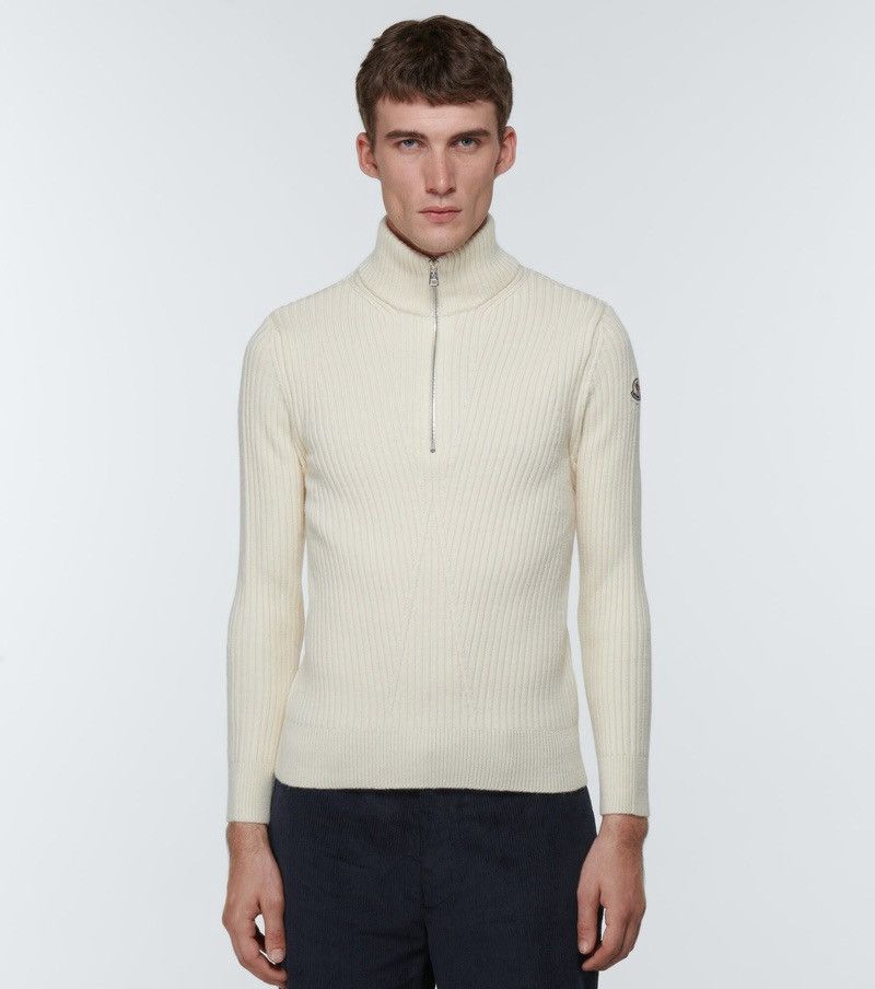 Moncler MONCLER Medium Cream Polo Tricot Quarter Zip Wool Jumper Size US M / EU 48-50 / 2 - 1 Thumbnail