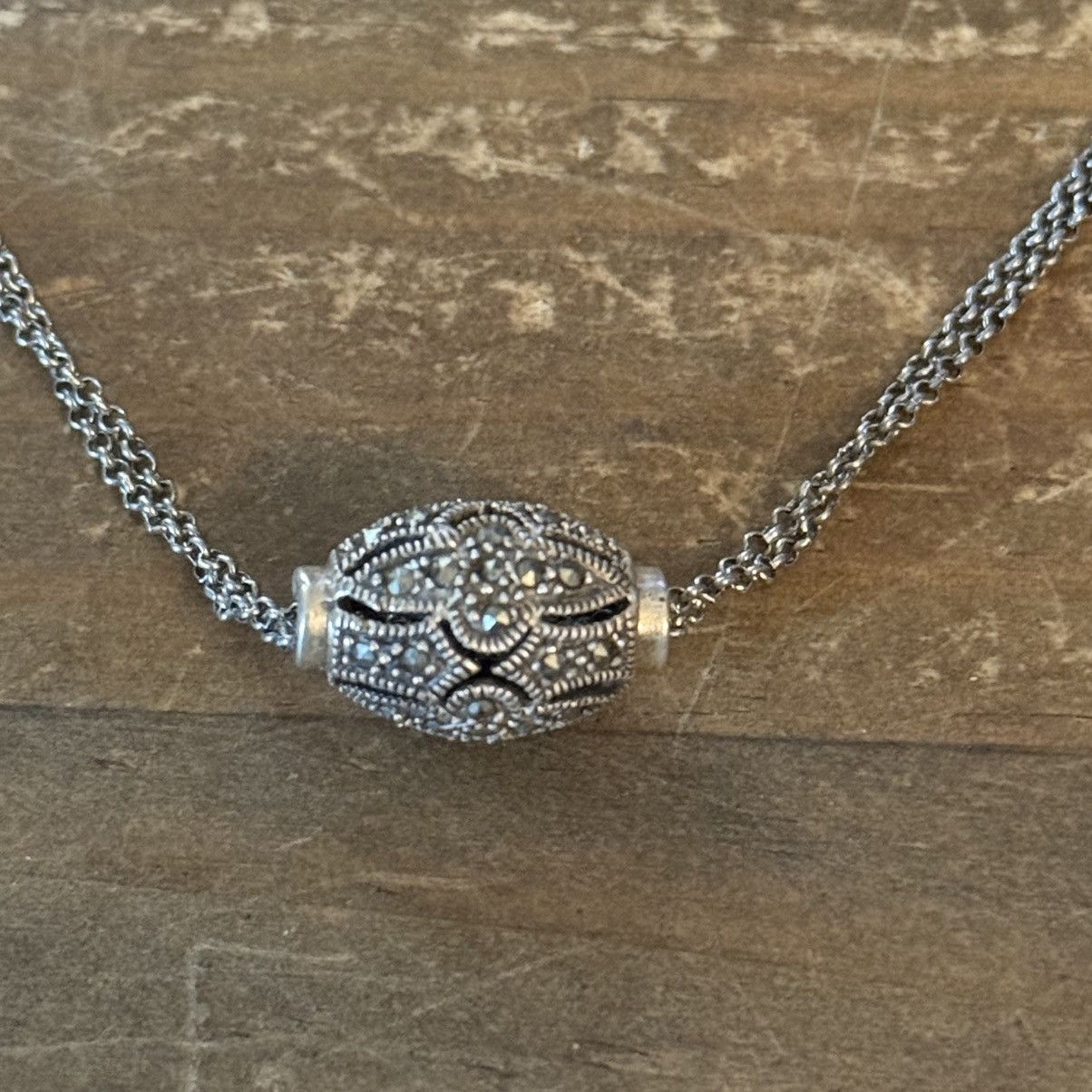 Other 925 silver double chain oval marcasite bead pendant necklace Size ONE SIZE - 4 Thumbnail