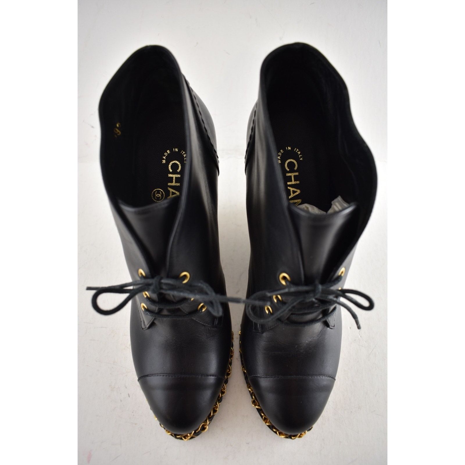Chanel Chanel Black Leather Chain CC Lace Up Ankle Wedge Boot 38.5 Size US 8.5 / IT 38.5 - 9 Thumbnail
