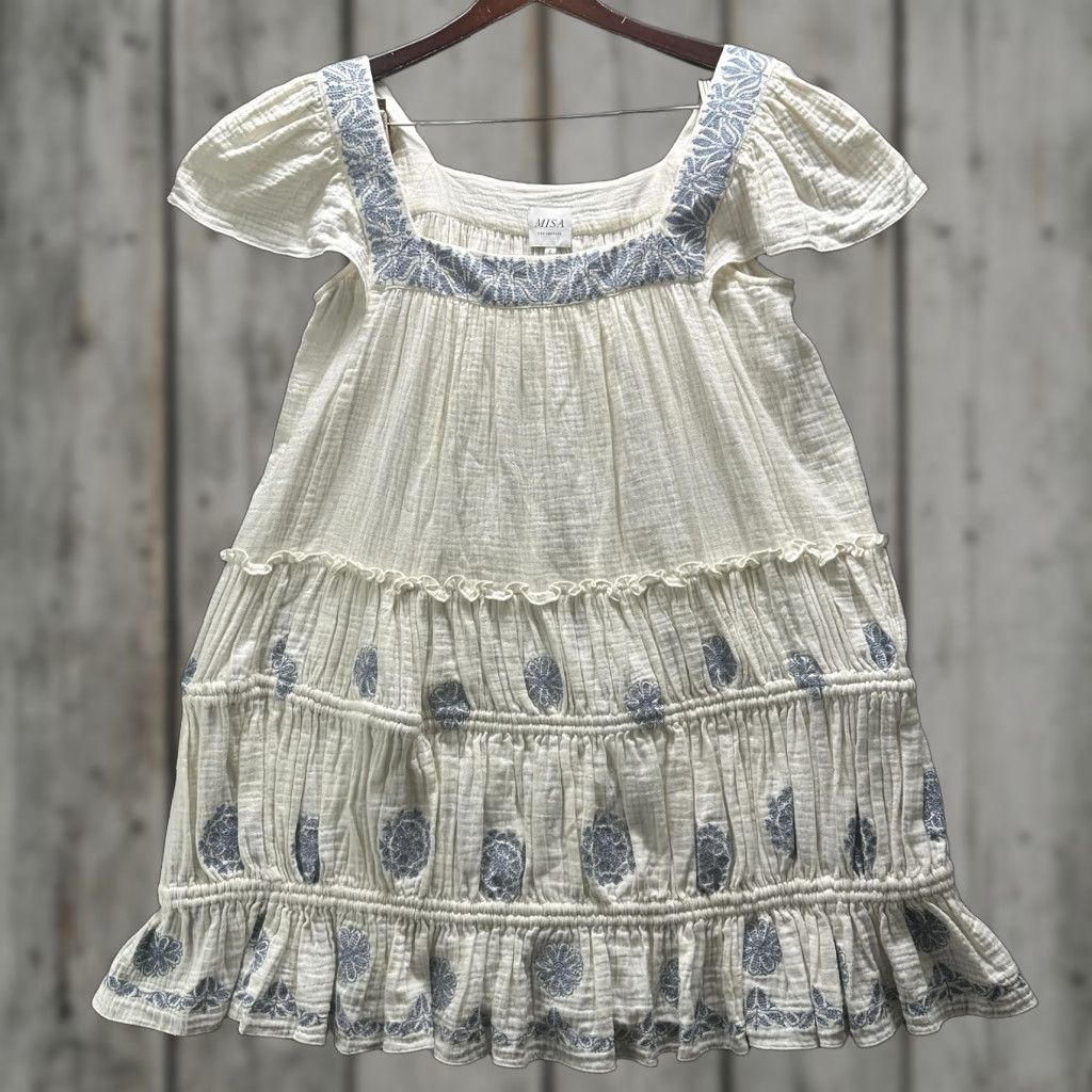 MISA Los Angeles Misa Los Angeles Dress Womens L White Embroidered Floral Boho Tiered Cotton Size L / US 10 / IT 46 - 1 Thumbnail