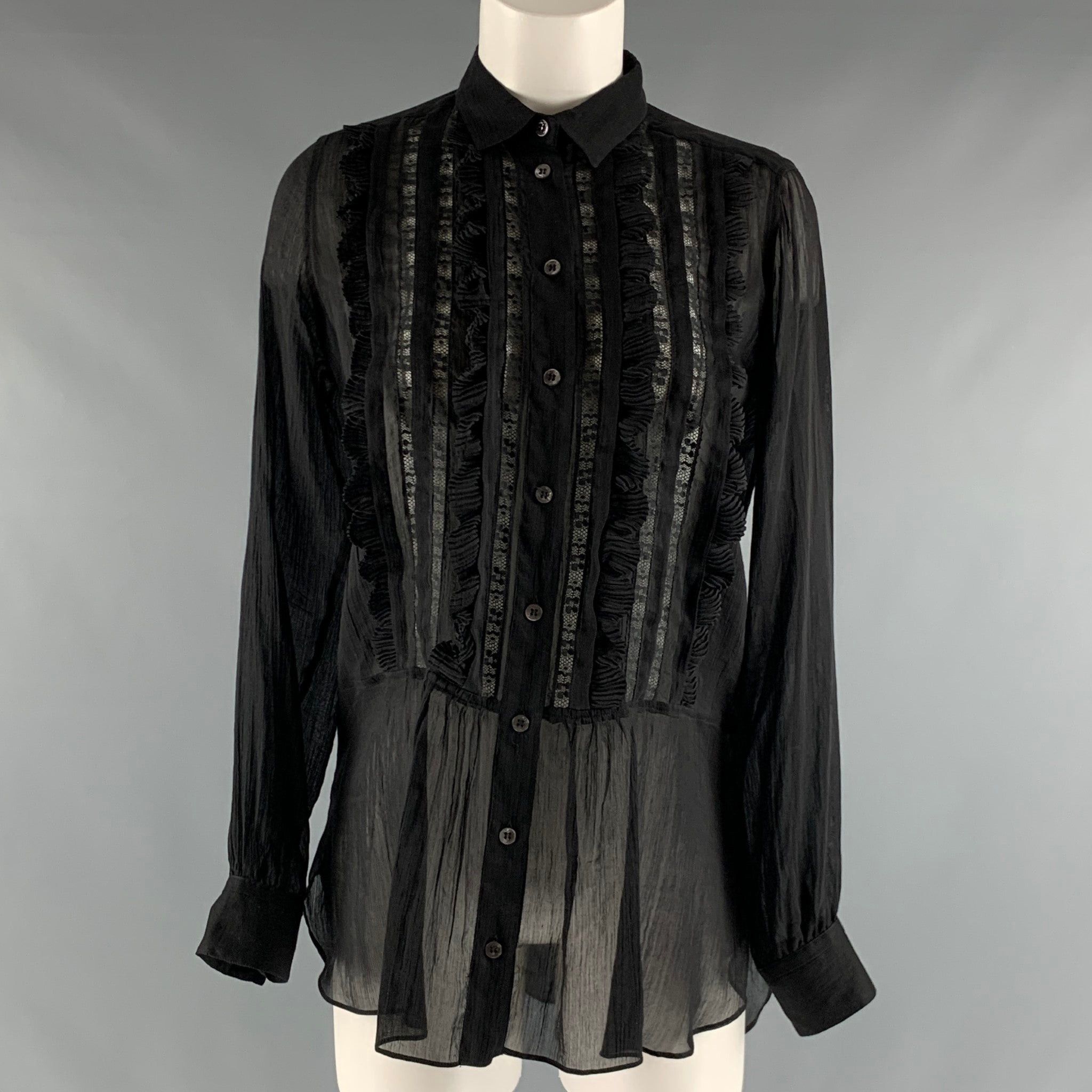 image of Etro Black Cotton Silk Sheer Button Up Shirt, Women's (Size Small)