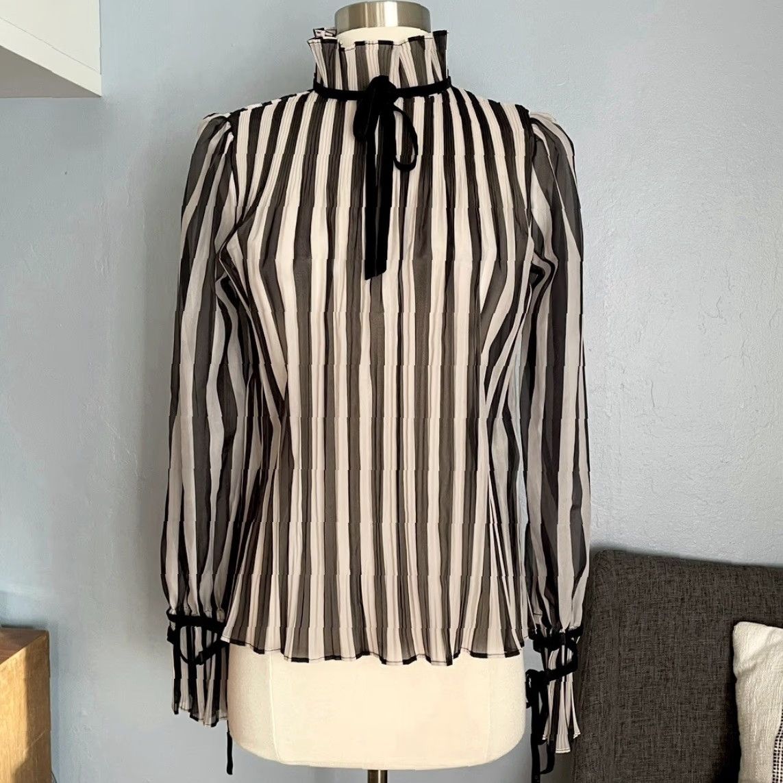 Vintage Momoshero Striped Blouse Shirt Women XS Semi-Sheer Black White High Neck Long Sleeve Velvet Ribbon Tie Size XS / US 0-2 / IT 36-38 - 2 Thumbnail