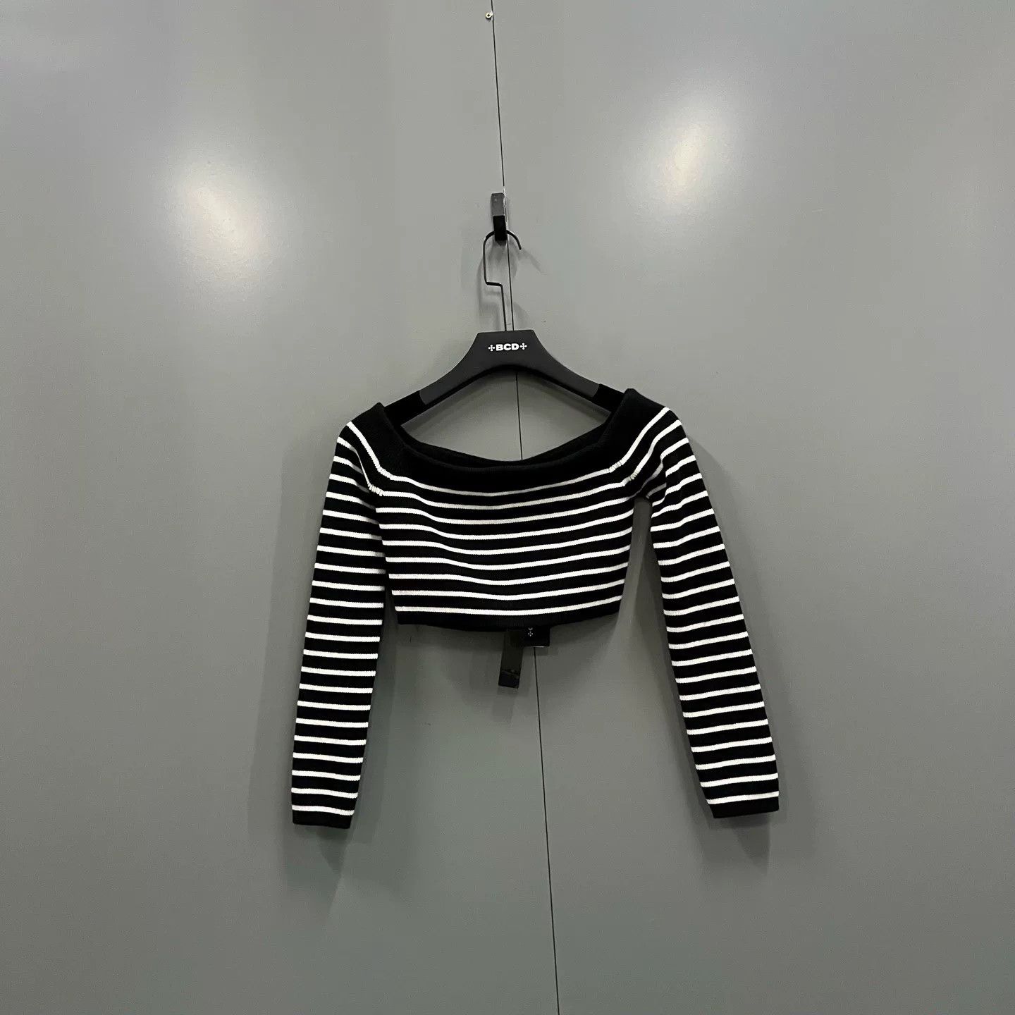 striped off-shoulder wool top by saint laurent