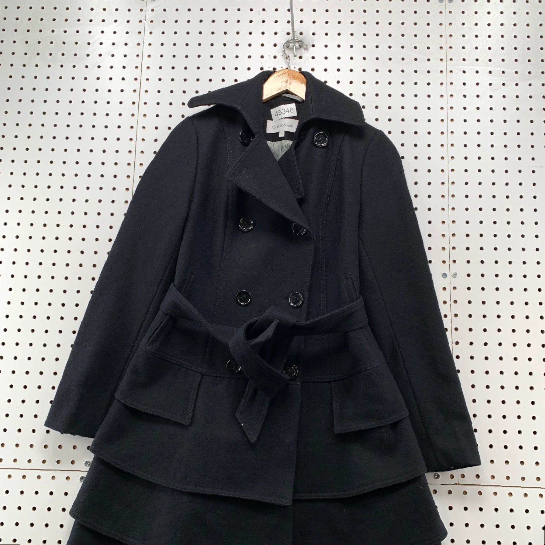 Calvin Klein Calvin Klein Wool Coat Women Black 2 Tiered Belted Double Breasted Ruffle Skirt Size 26" / US 2 / IT 38 - 2 Thumbnail