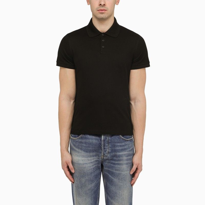 image of Saint Laurent Paris Saint Laurent Black Monogram Pique Polo Shirt, Men's (Size 2XL)
