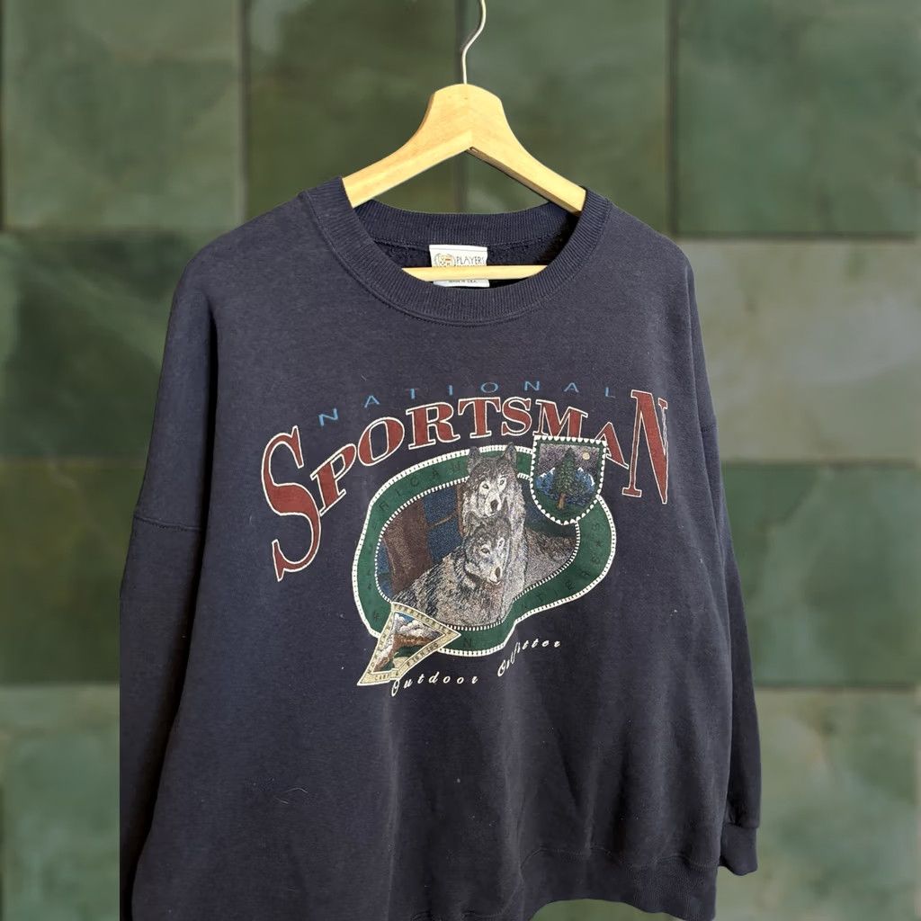 Vintage VINTAGE 90s National Sportsman Wolf Graphic Blue Cotton Sweatshirt XL Men Pullover Cotton 90s Blue Wolf Graphic Sweatshirt Mens XL Size US XL / EU 56 / 4 - 1 Thumbnail
