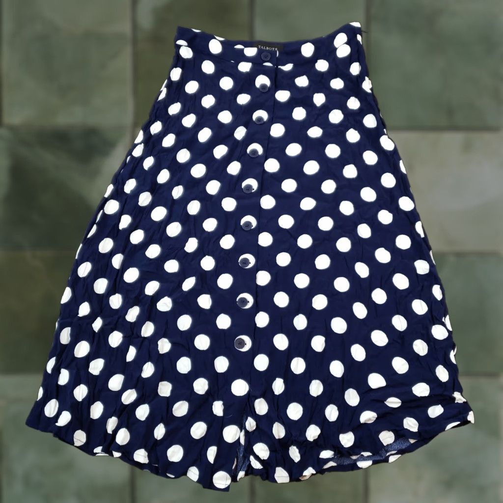 Talbots Talbots Womens Midi Skirt Blue White Polka Dots Buttons Zipper Casual Size 27" / US 4 / IT 40 - 1 Thumbnail