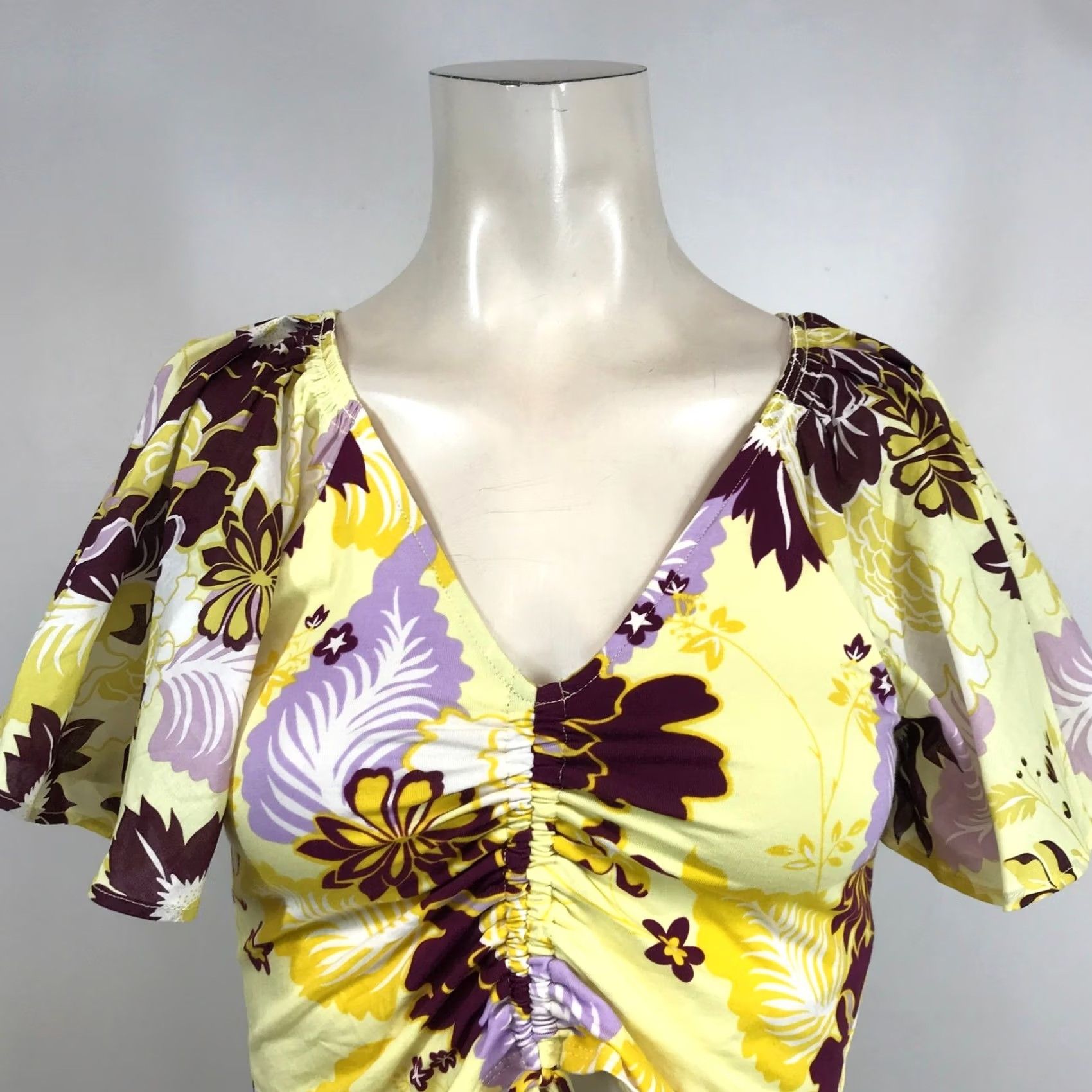 Anthropologie Maeve Anthropologie Yellow Floral Ruched Drawstring Crop Top PXS Adult Womens Size XS / US 0-2 / IT 36-38 - 2 Thumbnail