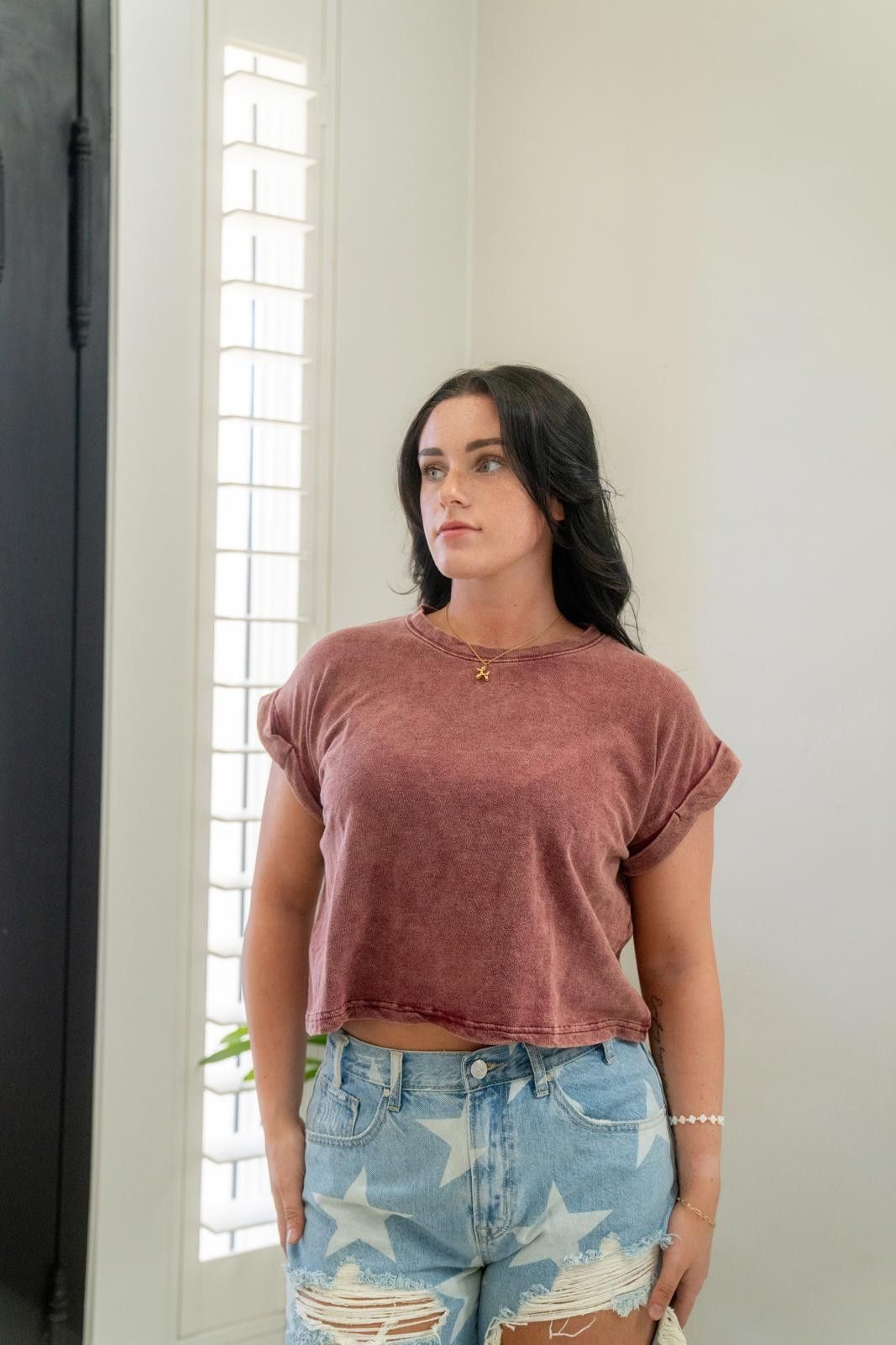 Other Acid Wash Cotton Folded Sleeve Top Zenana Size S / US 4 / IT 40 - 10 Thumbnail
