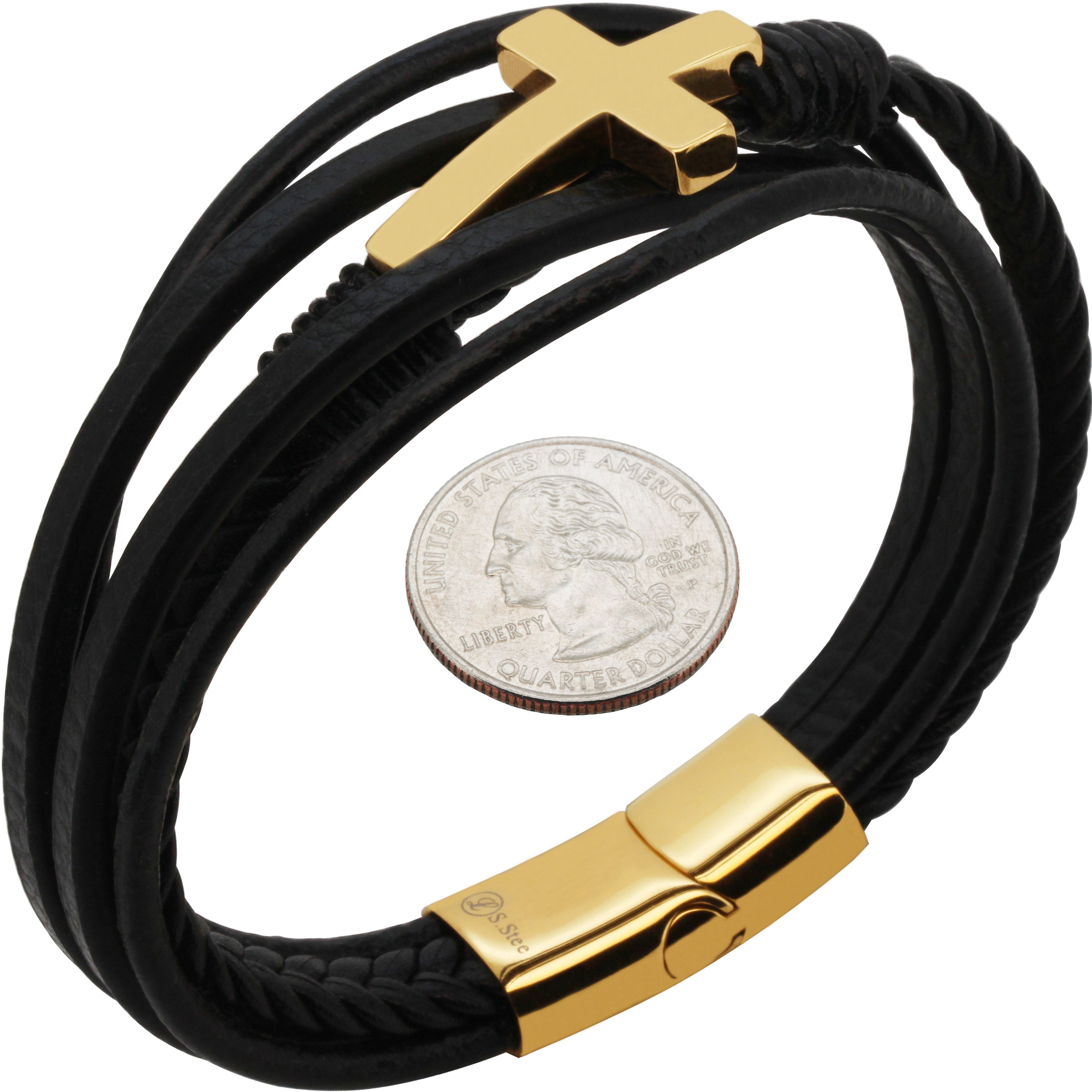 Other 316L Stainless Steel 18k GP 20mm Cross Leather Bracelet 8.5” Size ONE SIZE - 1 Preview