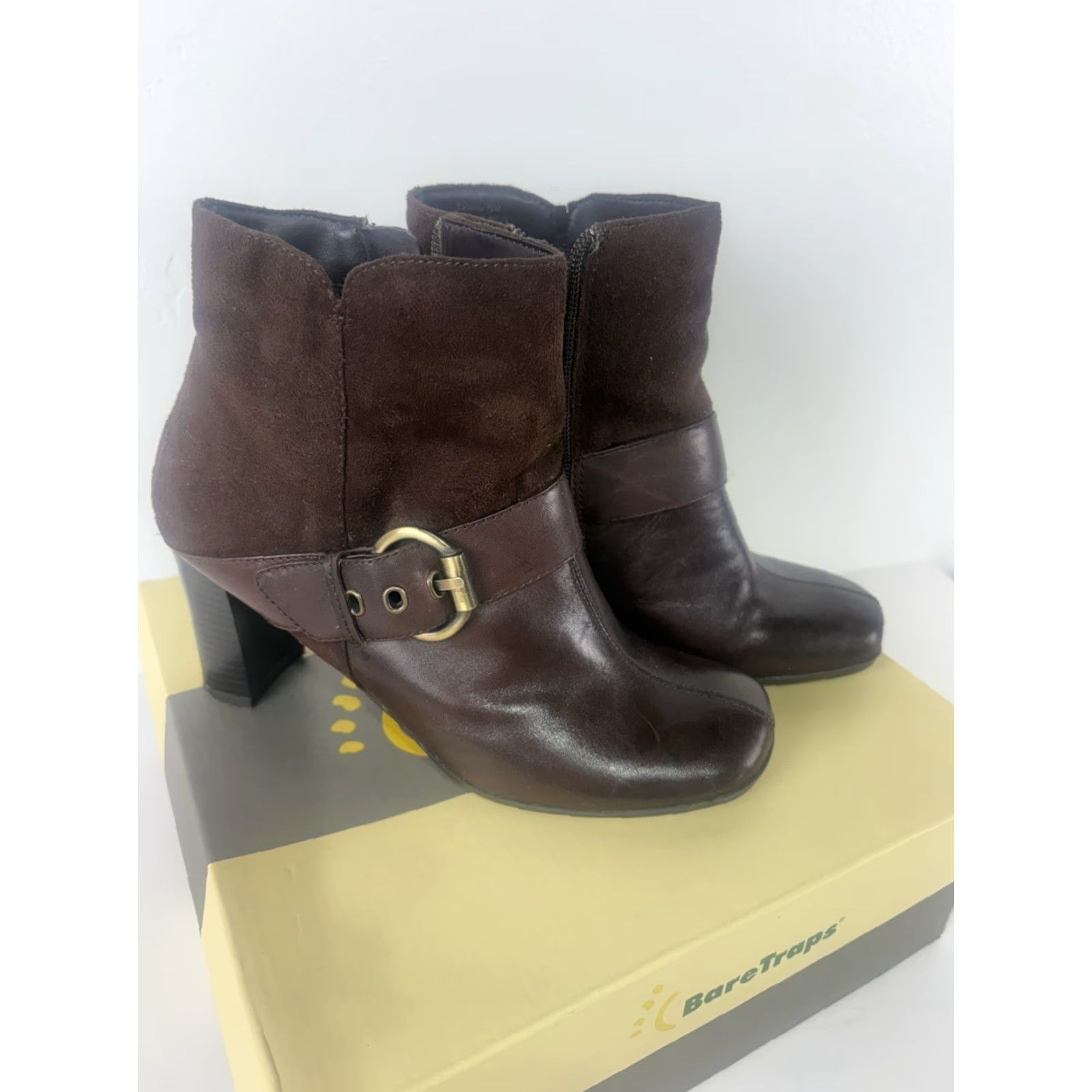 Vintage Bare Traps Talania Dk Brown Ankle Boots Womens 7.5M Leather Round Toe Zip Buckle 3in Heel Block City Going Out Fall Winter Bootie Size US 8 / IT 38 - 3 Thumbnail