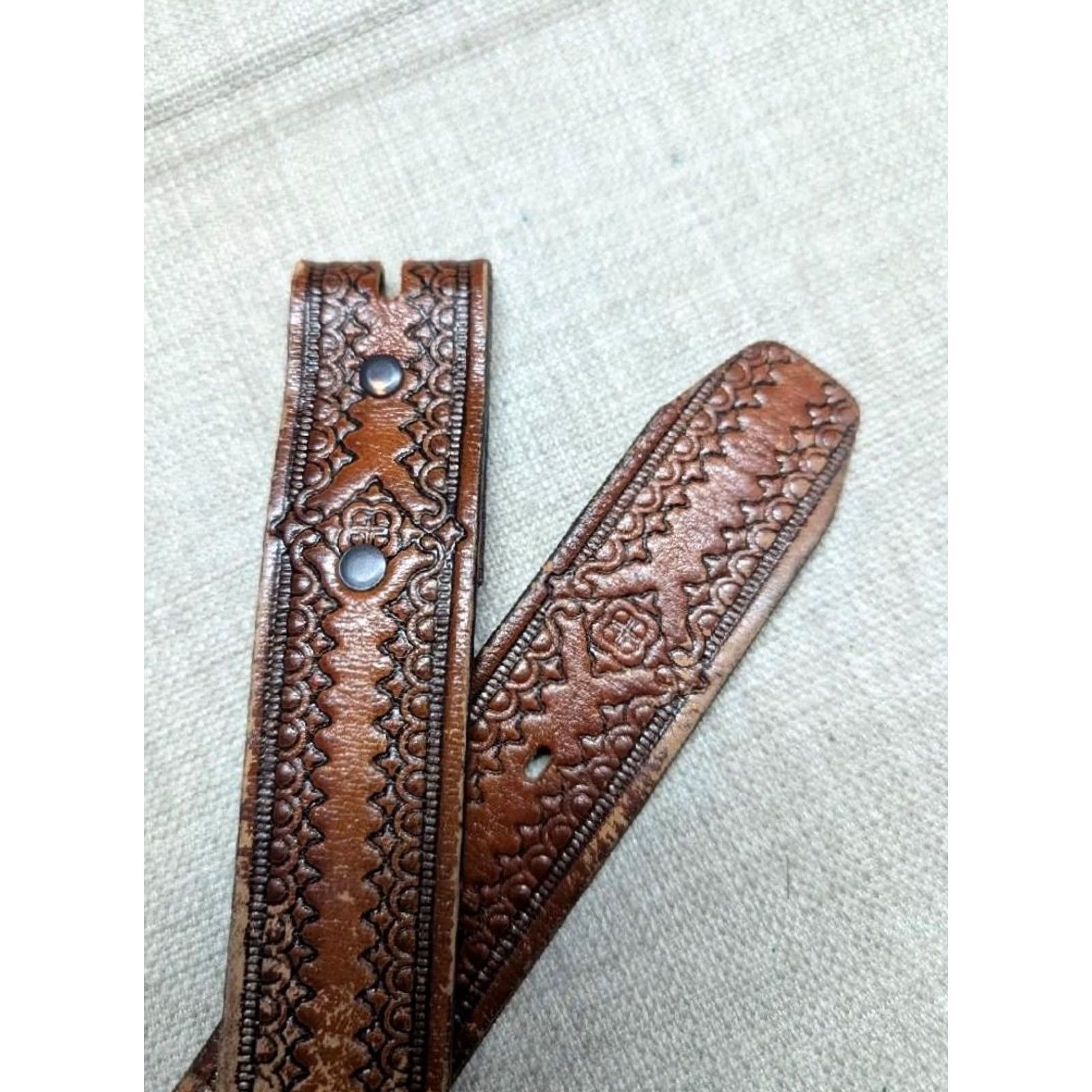 Vintage VINTAGE USA MADE TOOLED belt Western Belt Geometric Brown 38 Leather Buckle Western Mens Size 38 - 4 Thumbnail