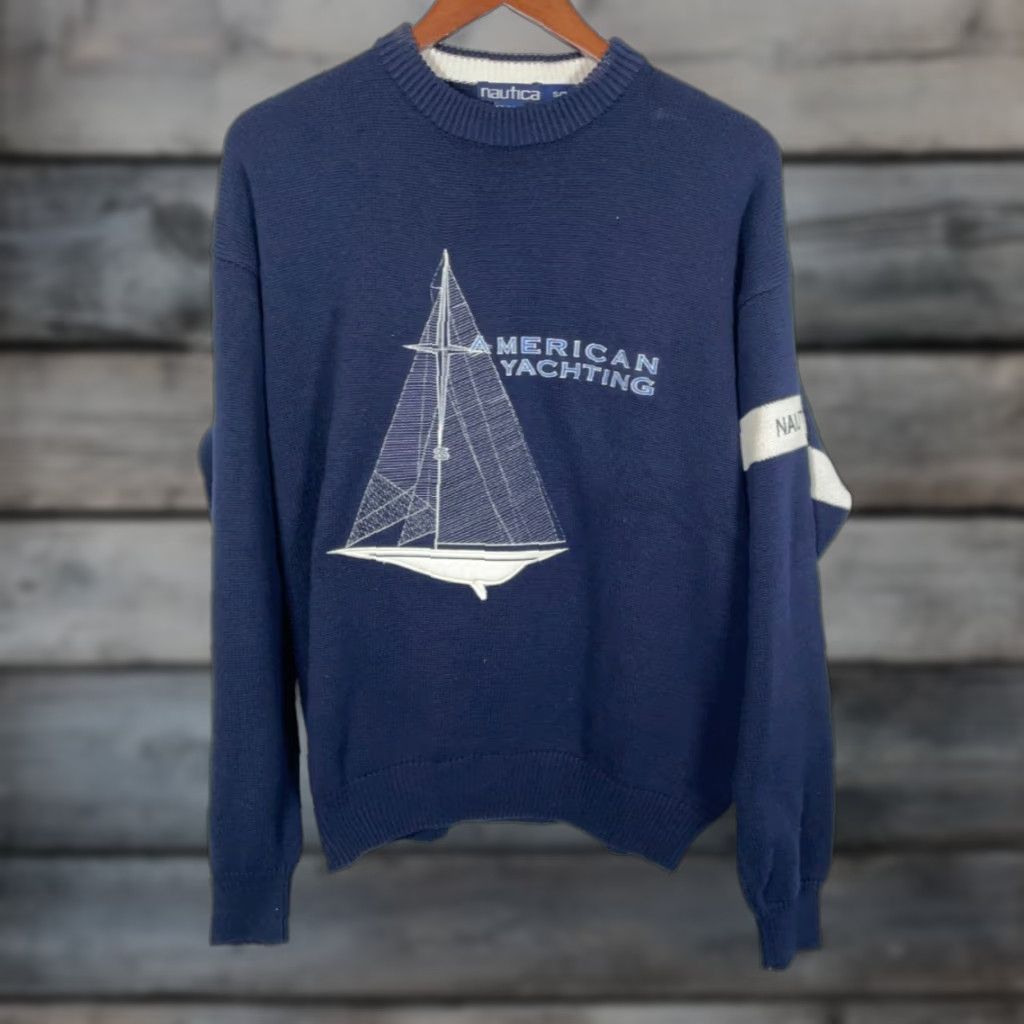 Nautica VINTAGE Nautica Yachting Sweater Shirt Mens Adult Small Dark Blue Embroidered Sailboat Knit 90s Nautical Pullover Size US S / EU 44-46 / 1 - 1 Thumbnail