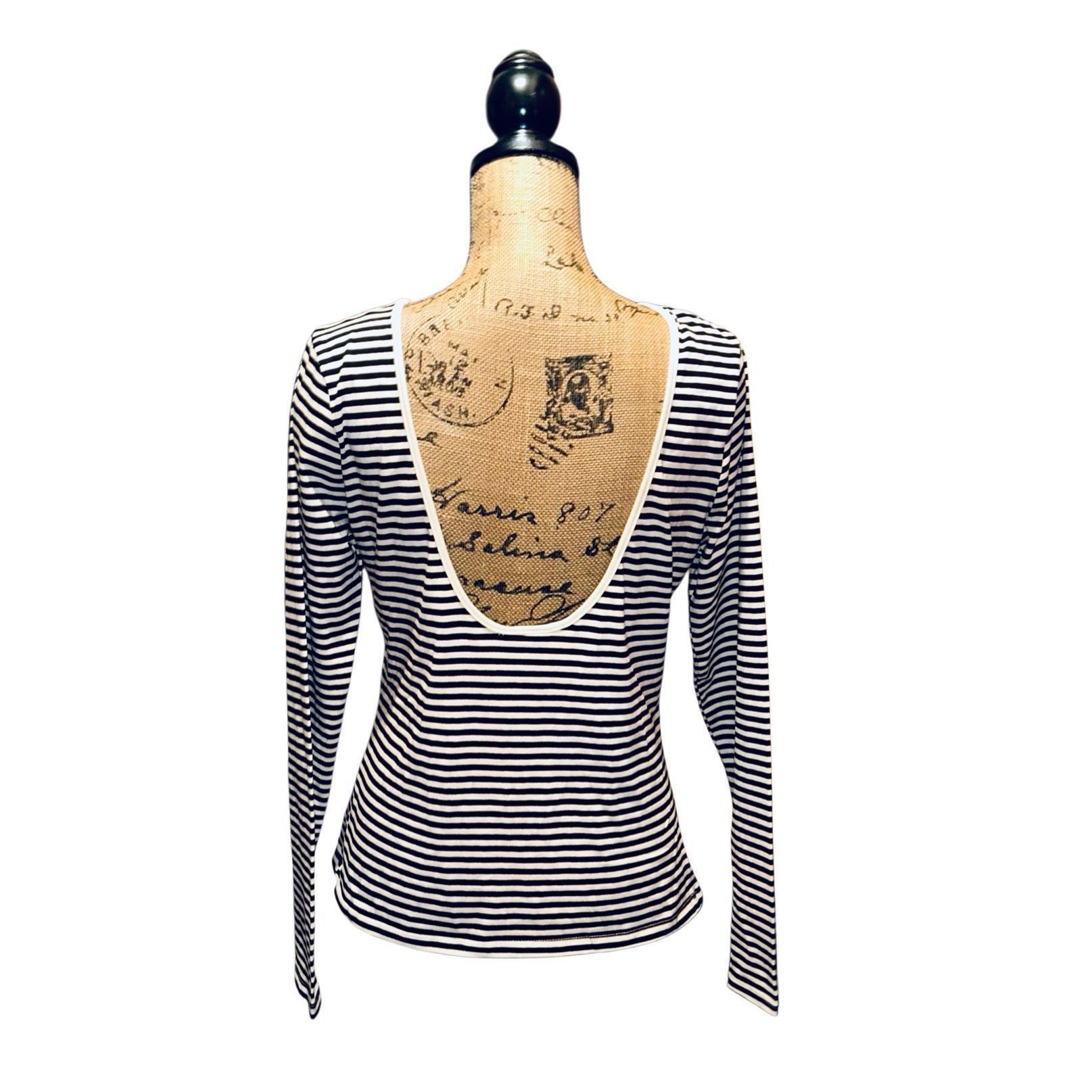H&M H&M Black & Ivory T-Shirt Plunge Back Striped Size L Size L / US 10 / IT 46 - 2 Thumbnail