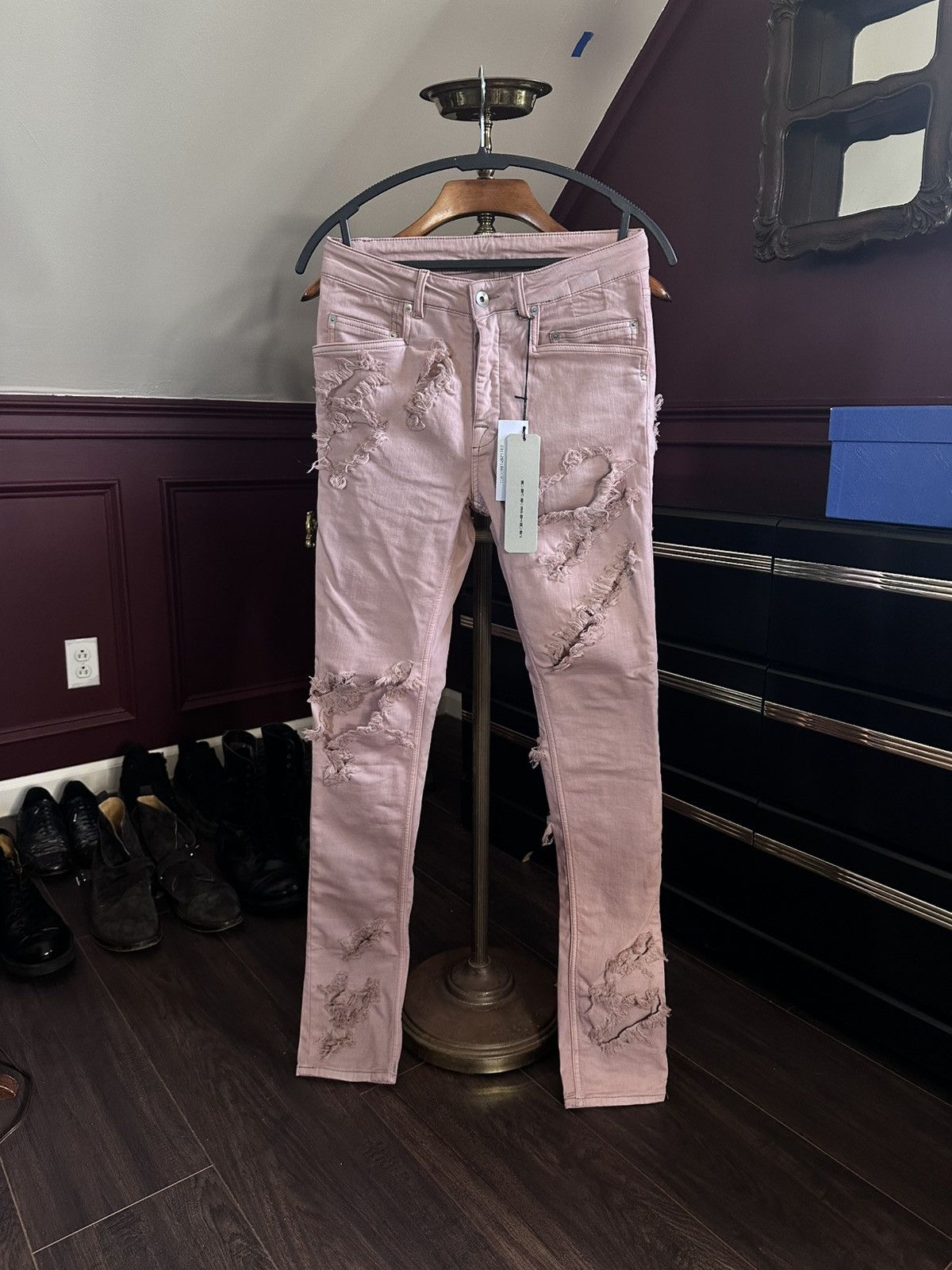 Rick Owens Drkshdw Slashed Tyrone Cut layered faded pink denim jeans w ...