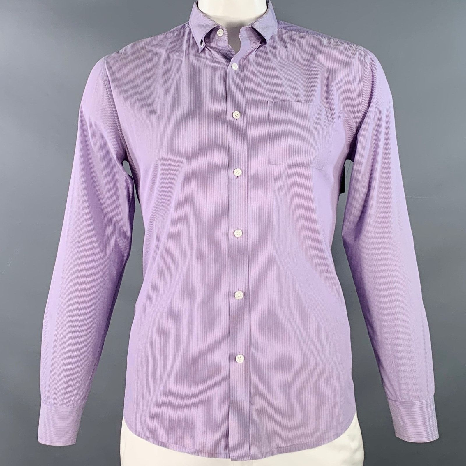Elie Tahari White Lavender Stripe Checkered Cotton One Pocket Shirt Size US XL / EU 56 / 4 - 1 Thumbnail