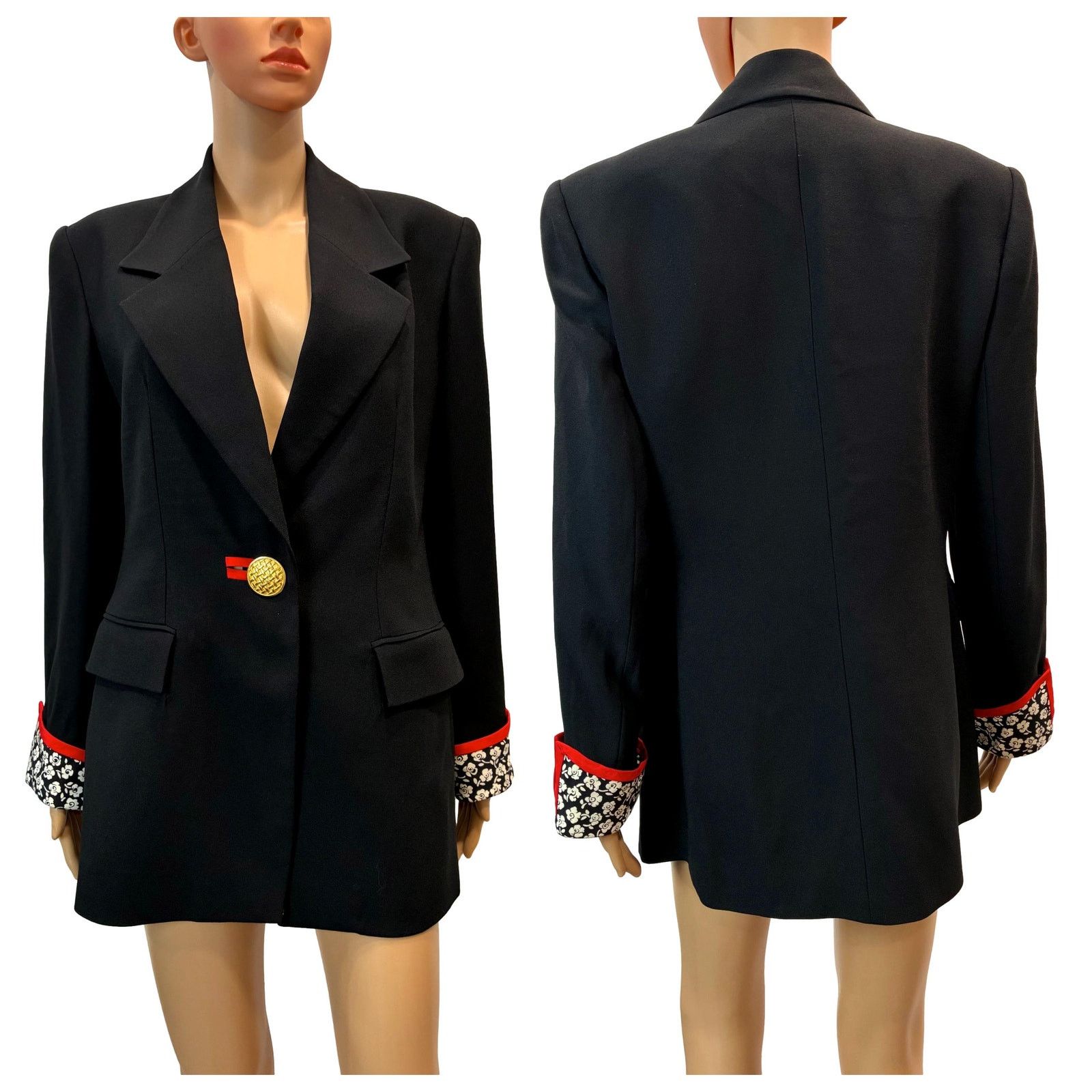 Vintage 90s Statment Blazer Black Red Trim Gold Button Floral Cuffs Size M / US 6-8 / IT 42-44 - 2 Thumbnail