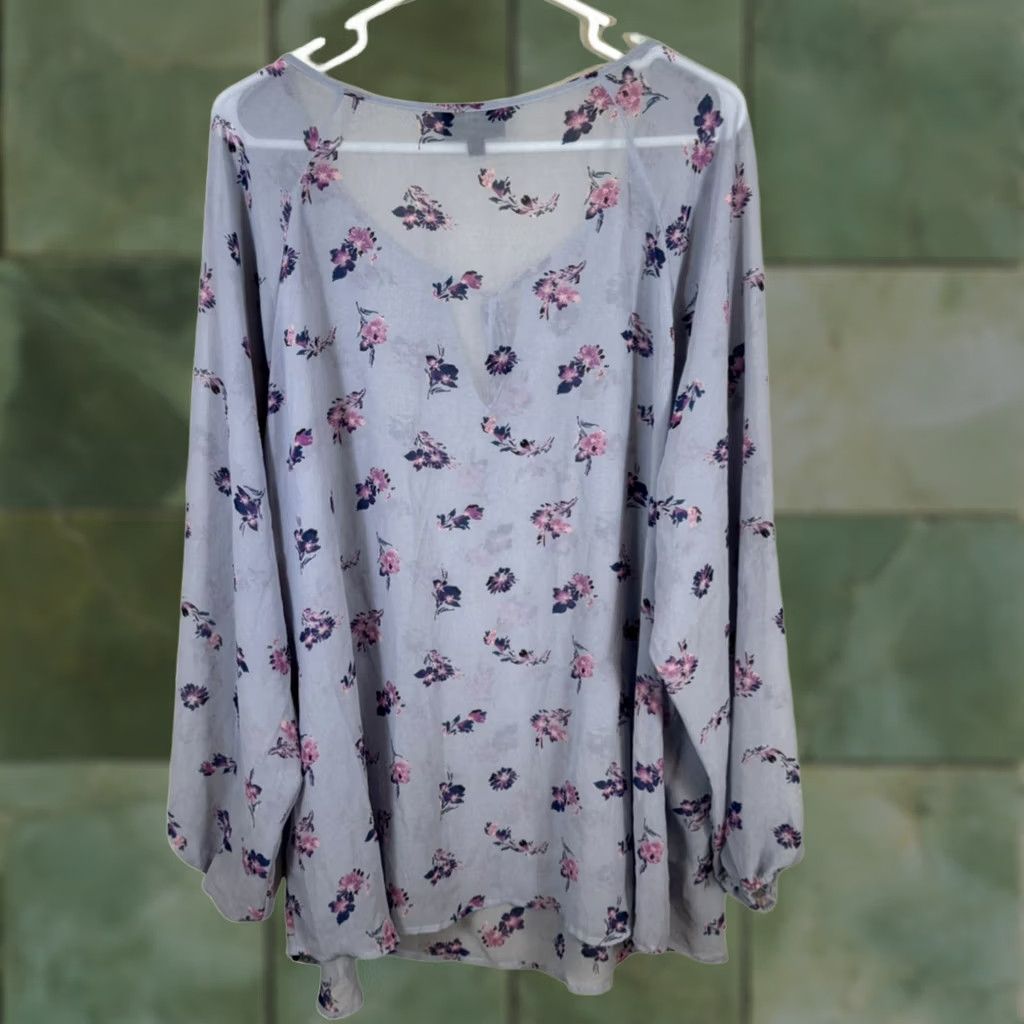 Vintage Lane Bryant Blouse Top Women's Plus Light Blue Floral Bow Tied Sheer Size 22 Size 3XL / US 20-22 - 1 Thumbnail