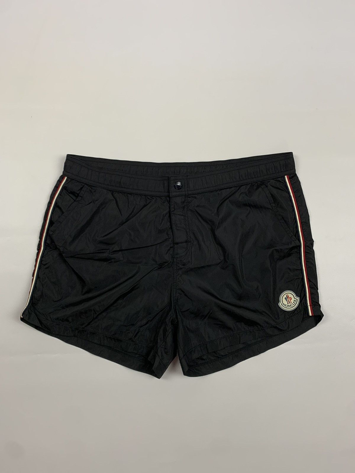 image of Designer Moncler Boxer Mare Patch Logo Nylon Swim Trunks Shorts in Black, Men's (Size 34)