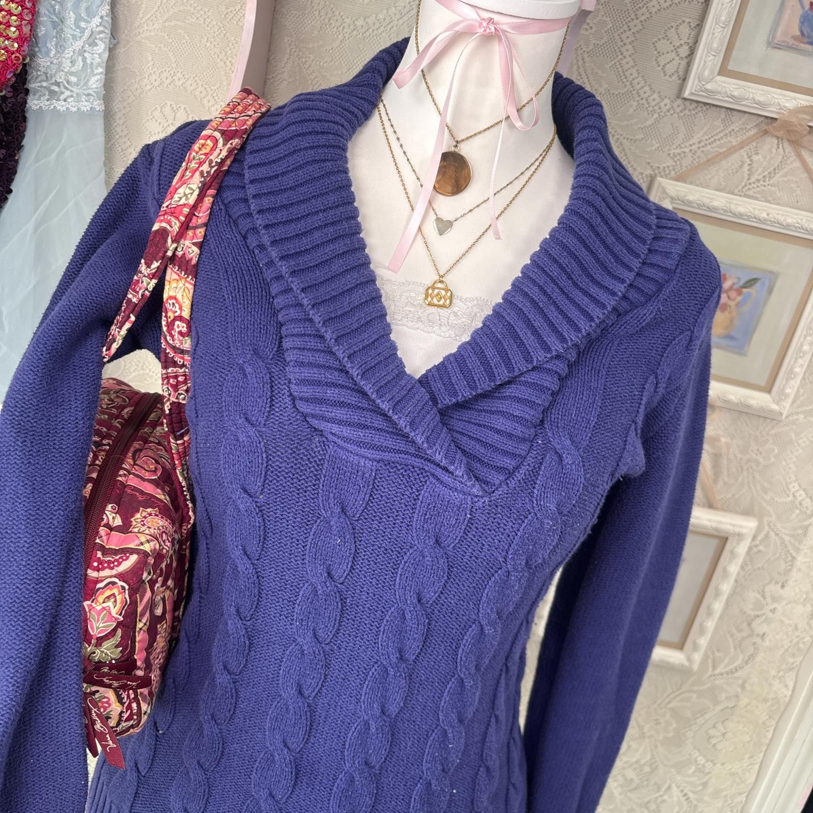 Style & Co vintage purple cable knit sweater with built in layered lace Size S / US 4 / IT 40 - 5 Thumbnail
