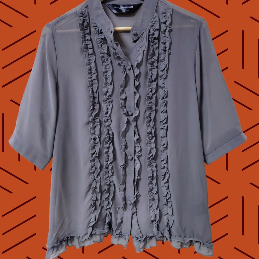 Norma Kamali normakamali Norma Kamali Ruffle Front Blouse Grey Solid Woven 3/4 Sleeve Size L Size L / US 10 / IT 46 - 1 Thumbnail