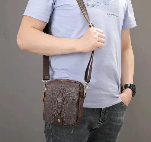Genuine Leather Mini Shoulder Bag Crocodile Emboss in Coffee, Men's