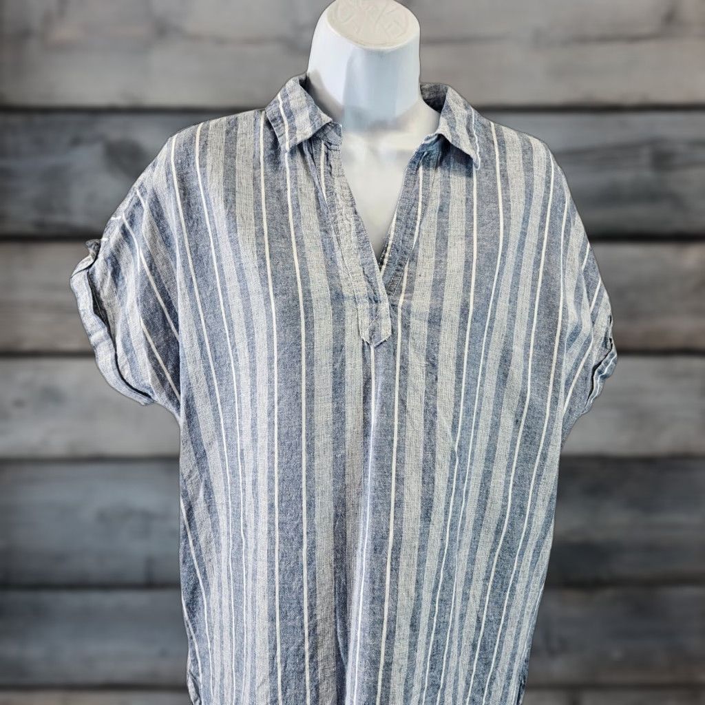 Vintage Sigrid Olsen Womens Top Blouse Sz S Short Sleeve Blue Stripe Linen Cotton Collared Shirt Womens Size S / US 4 / IT 40 - 1 Thumbnail