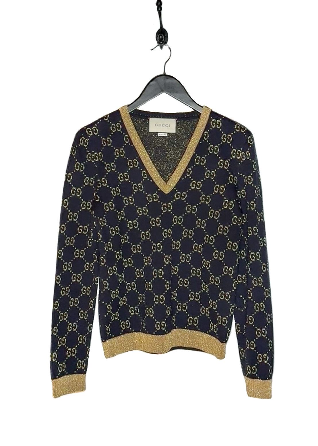 Gucci Gucci Navy Blue Cotton Lamé GG V-neck Sweater Size M / US 6-8 / IT 42-44 - 1 Thumbnail