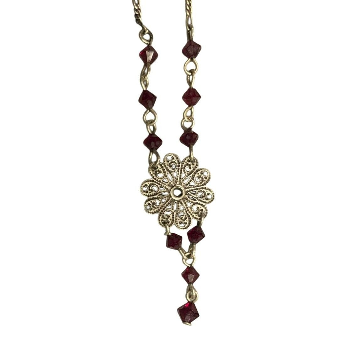 Other Vintage Signed Bonnie J Silver Tone & Red Beaded Floral Pend Size ONE SIZE - 7 Thumbnail