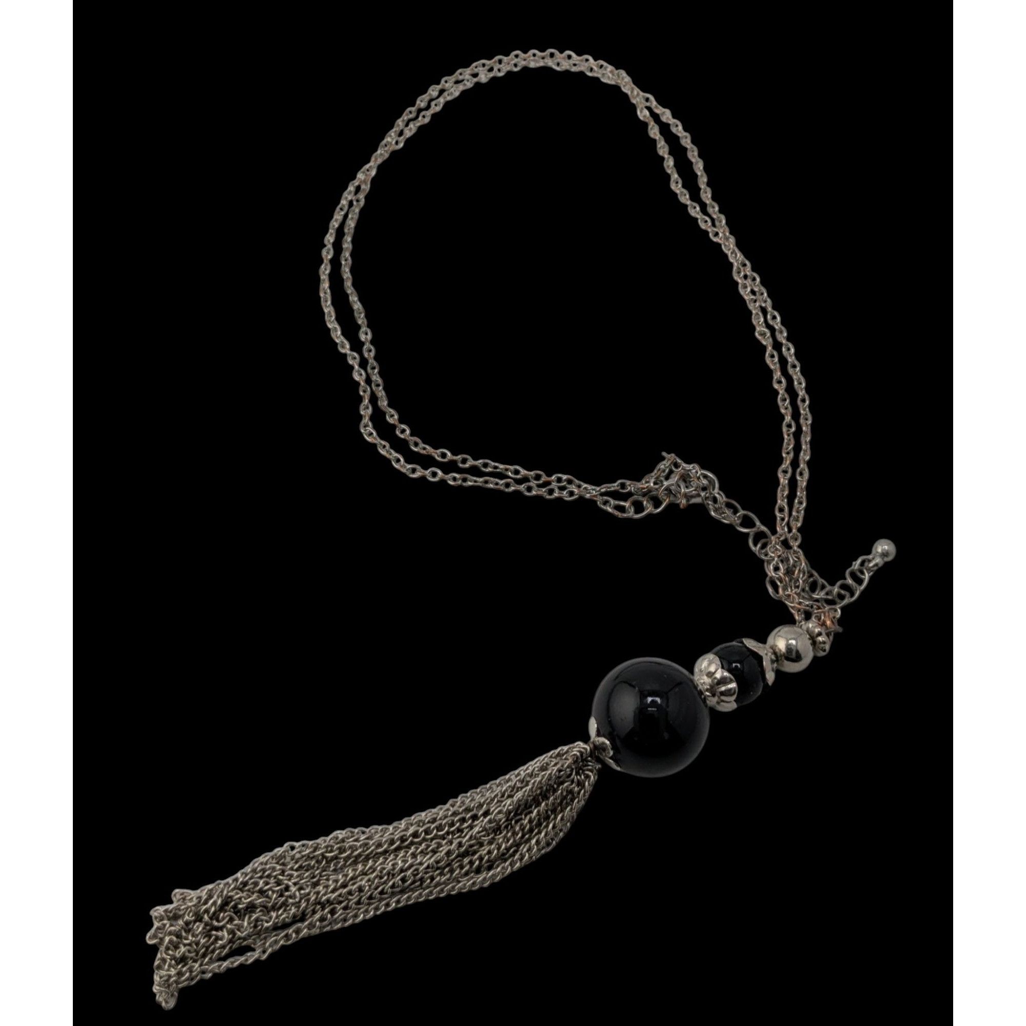Other Boho Gothic Silver-Tone Chain Necklace With Black Beads & Ta Size ONE SIZE - 2 Thumbnail