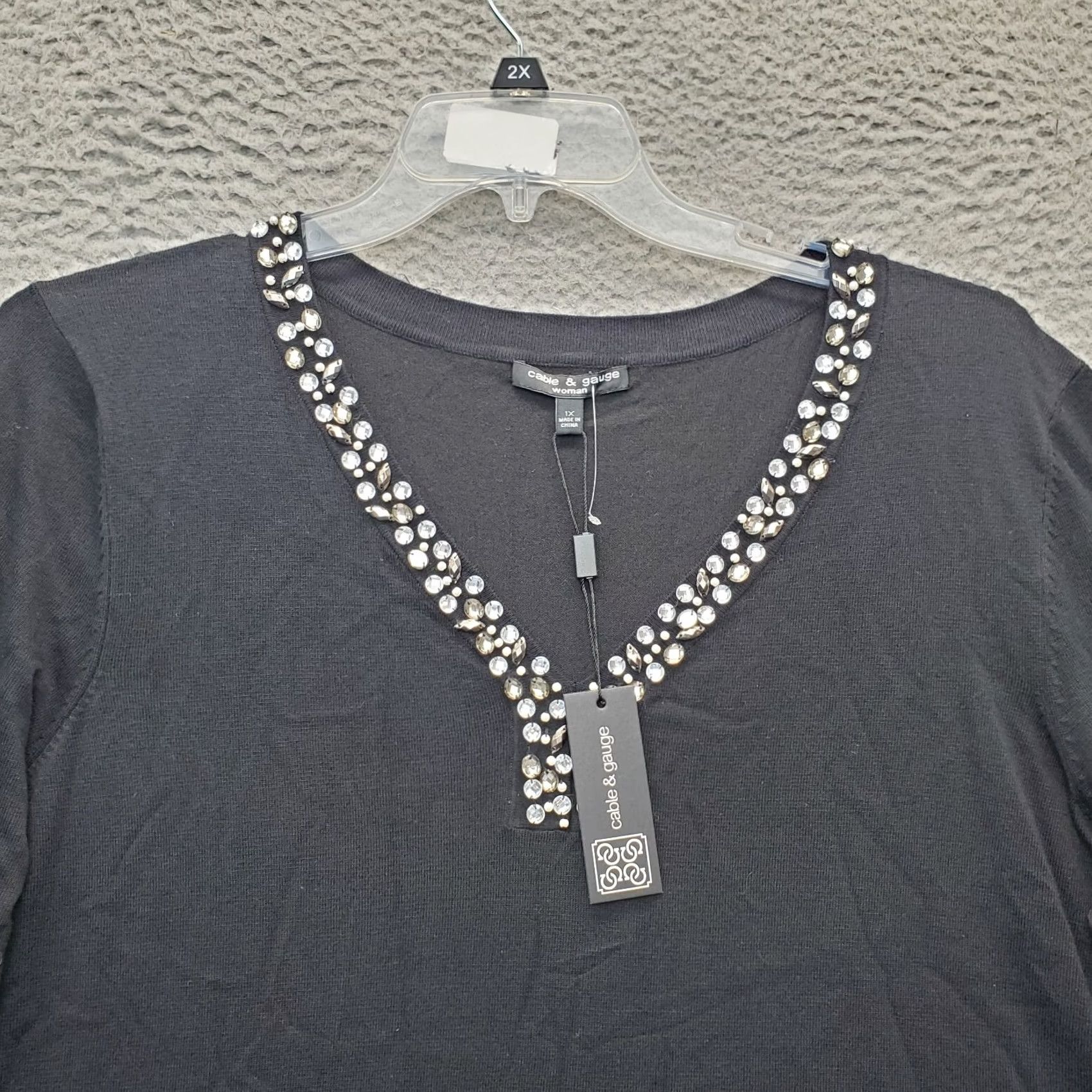 Vintage Cable & Gauge Knit Top Womens 1X Black 3/4 Sleeve V-Neck Beaded Pullover Shirt Womens Size 1X Black Knit Top Size XL / US 12-14 / IT 48-50 - 3 Thumbnail