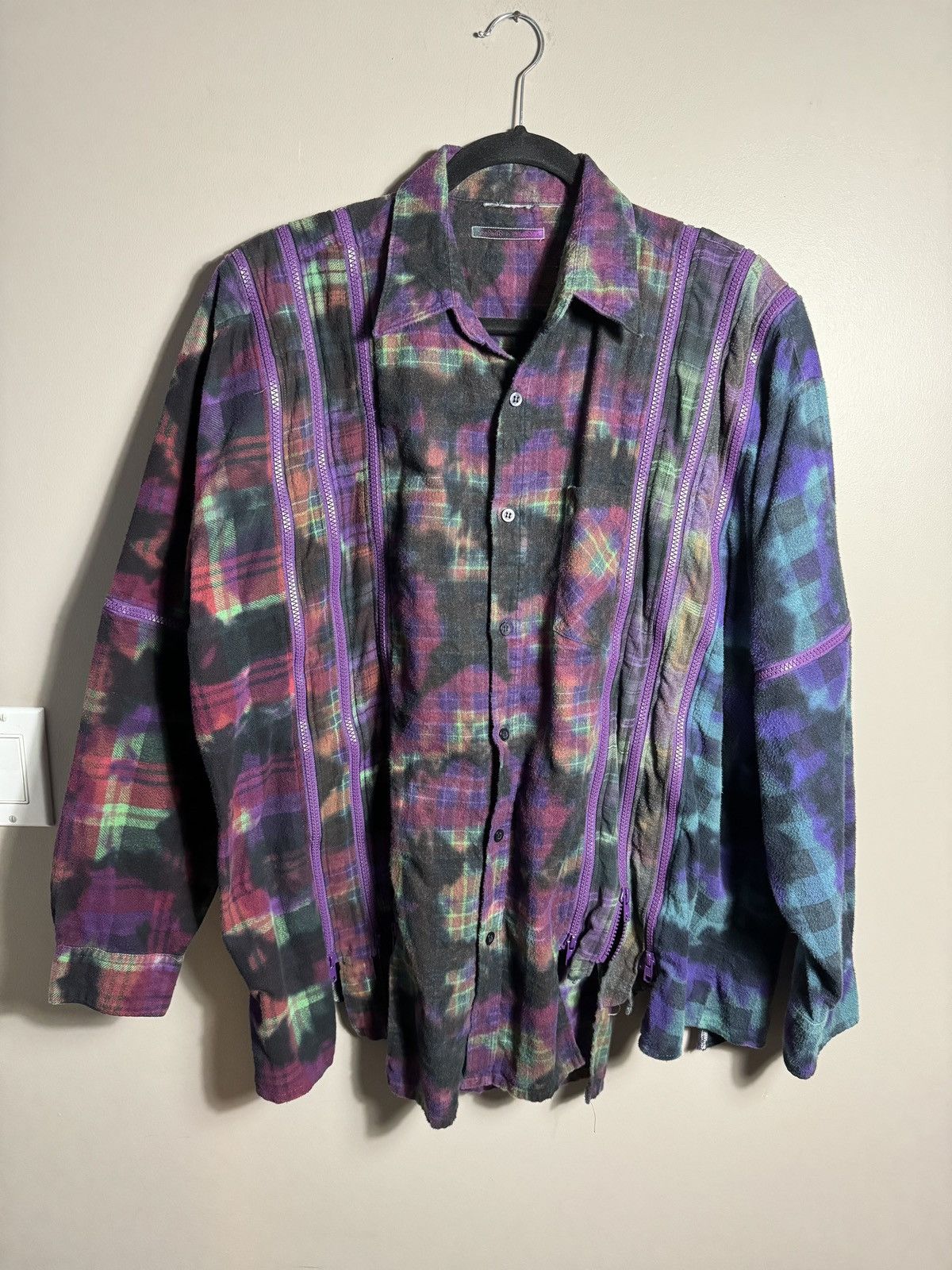 image of Needles 7 Cuts Flannel Wide Zipped Shirt in Purple, Men's (Size XL)