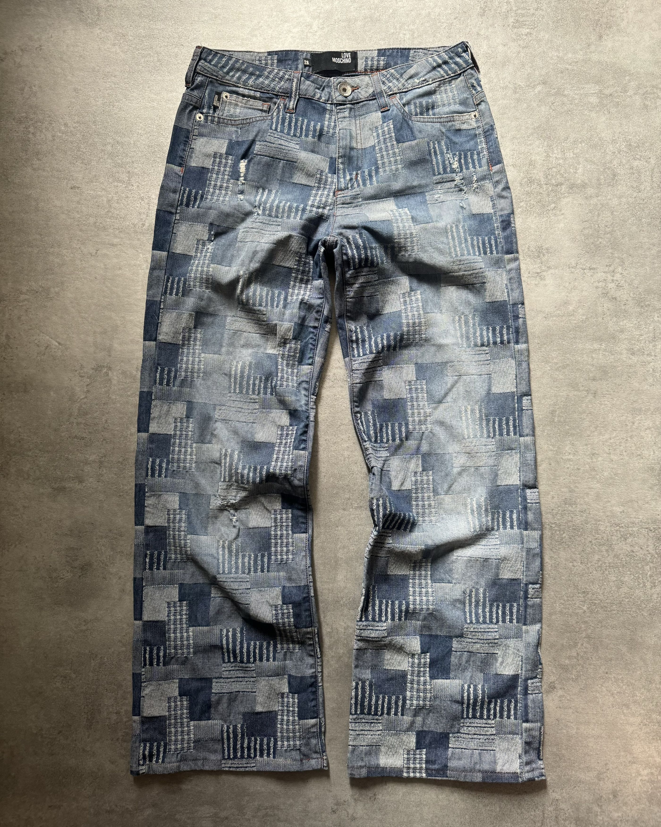 image of Archival Clothing x Moschino 2000S Moschino Visual Patchwork Blue Straight Relaxed Pants (Size 29)