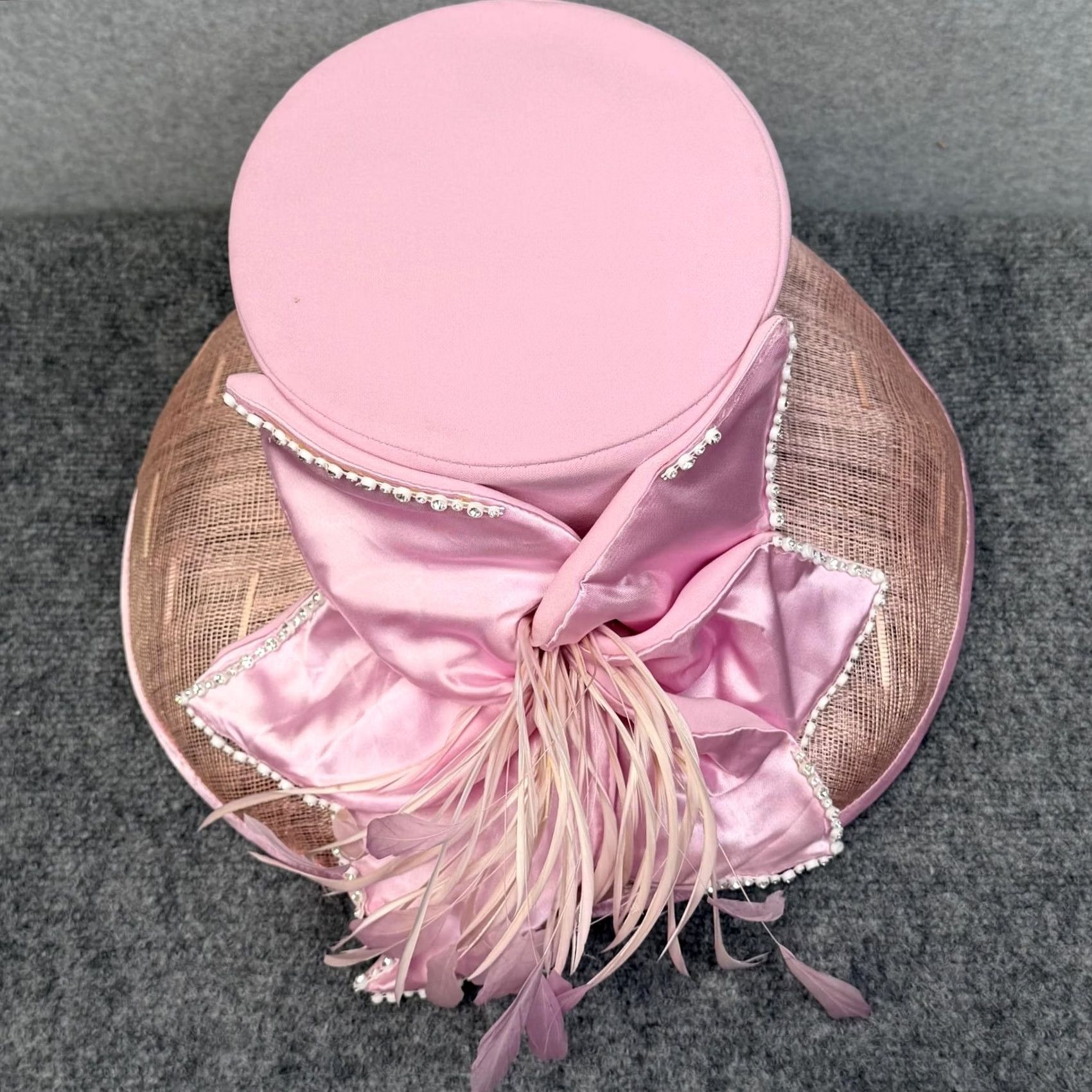 VINTAGE Elite CHAMPAGNE Hat Womens Pink Wide Brim Satin Bow 