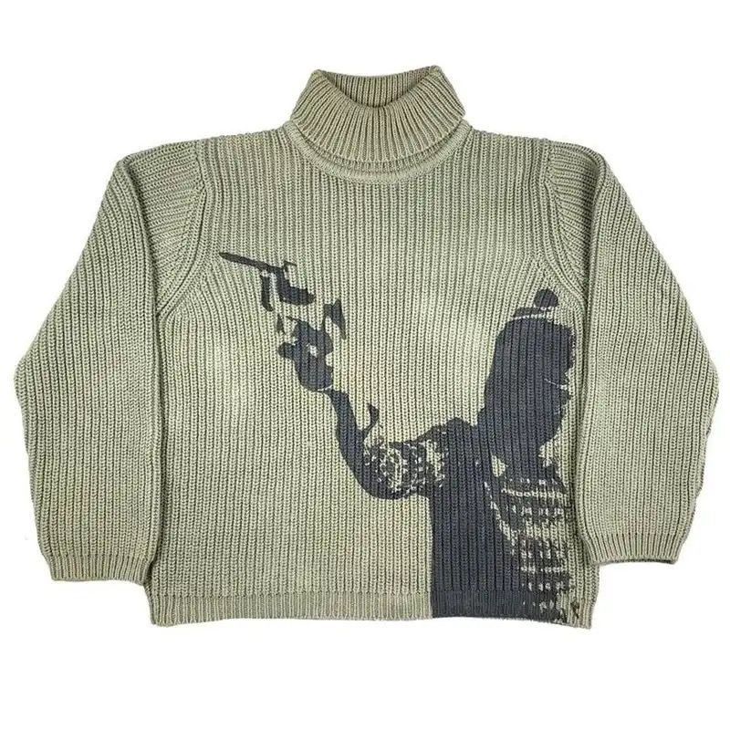 image of Coloured Cable Knit Sweater Vintage Knit Sweaters Winter Pullover Sweater Turtleneck in Green (Size