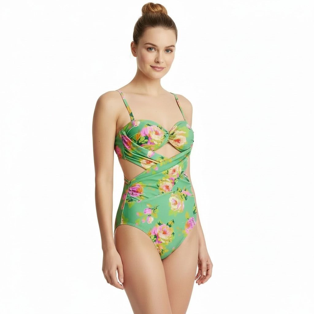 J.Crew J.Crew Green Floral Crisscross Cutout One-Piece Swimsuit,US0 Size ONE SIZE - 1 Thumbnail