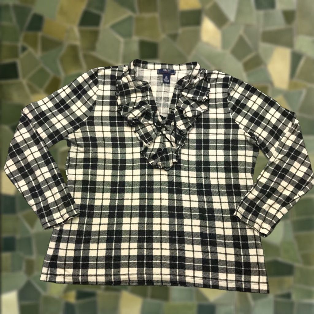 Chaps VINTAGE Chaps Shirt Adult XL Gray Plaid Long Sleeve V-Neck Ruffle Lace Blouse Womens Size XL / US 12-14 / IT 48-50 - 1 Thumbnail