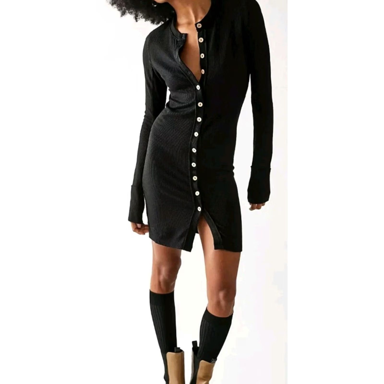 Free People We the Free People Gia Ribbed Button Up Cardigan Black Casual Dress S Size S / US 4 / IT 40 - 2 Thumbnail