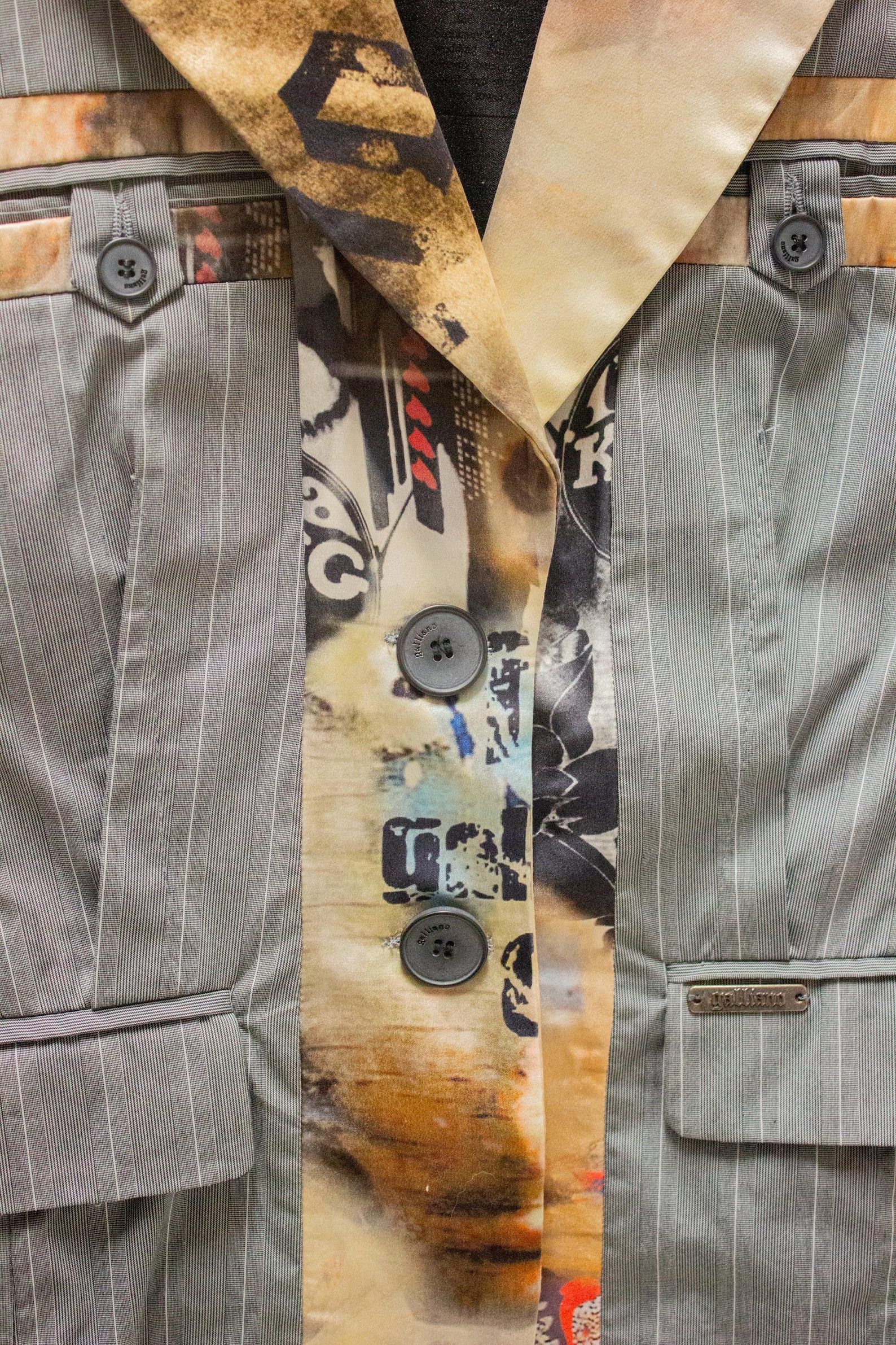 John Galliano Galliano y2k grey cotton pinstripe jacket with gazette print Size XS / US 0-2 / IT 36-38 - 2 Thumbnail