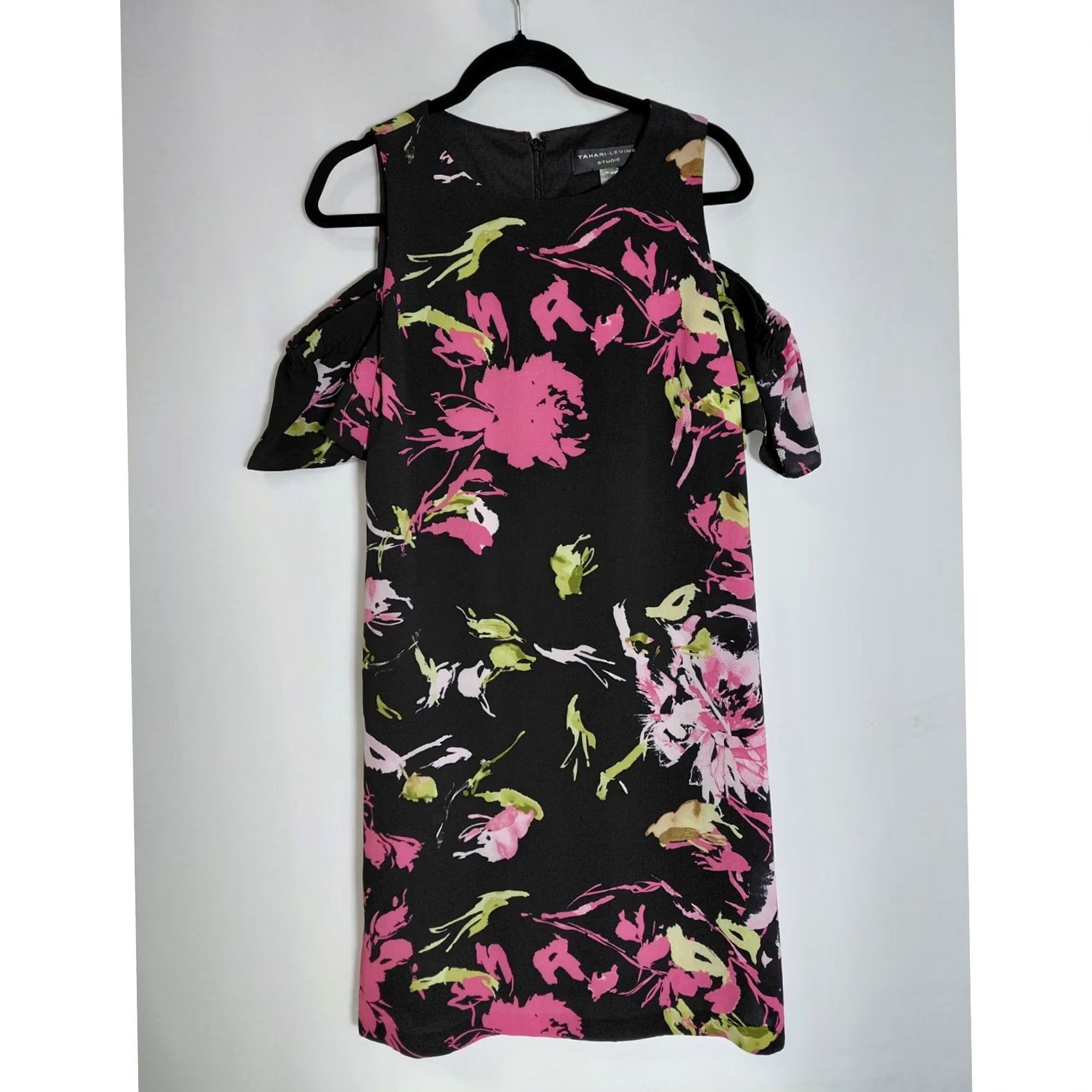 Madison TAHARI-LEVINE STUDIO Floral Cold Shoulder Dress Knee Length Size 10 Black Knit A-Line Short Sleeve Crew Neck Lined Polyester VINTAGE No Women"} Size L / US 10 / IT 46 - 3 Thumbnail