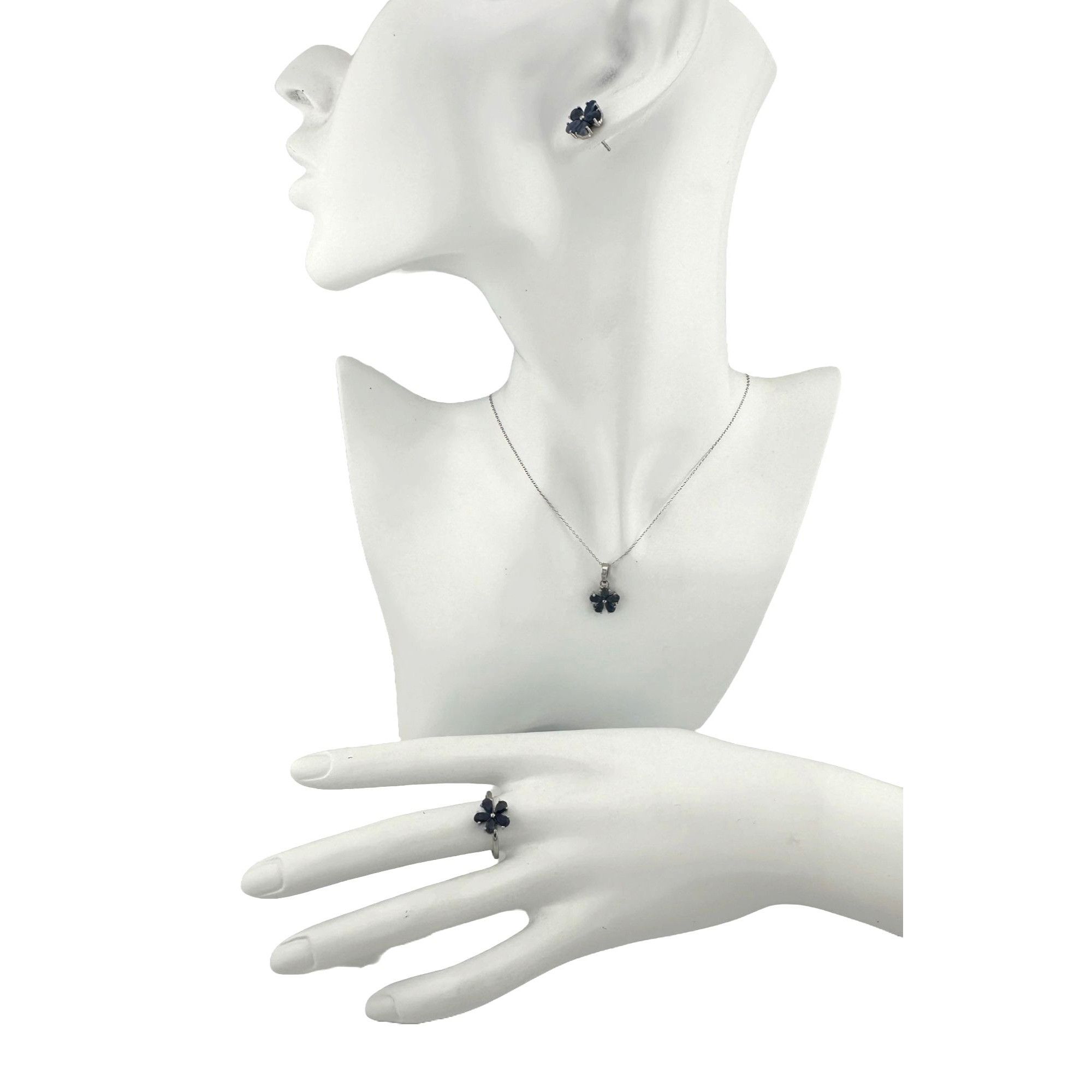image of Natural Blue Sapphire Flower Jewelry Set - Necklace With Pe, Women's